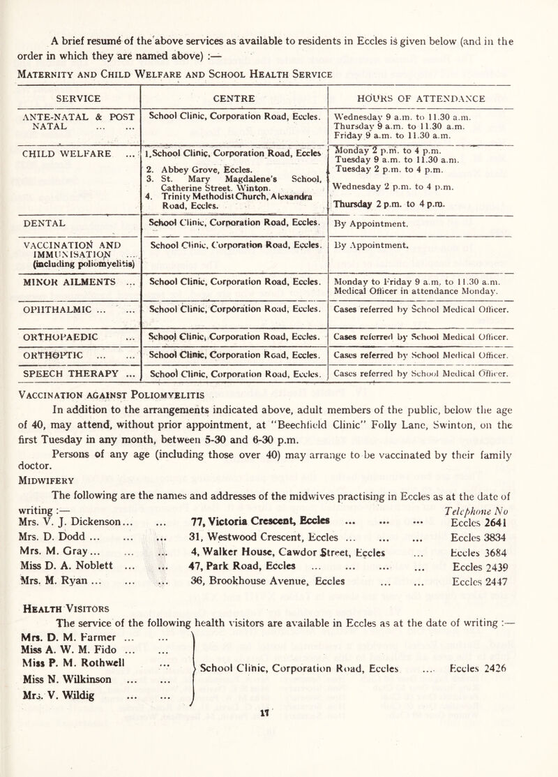 A brief resume of the'above services as available to residents in Eccles is given below (and in the order in which they are named above) Maternity and Child Welfare and School Health Service SERVICE CENTRE HdURS OF ATTENDANCE ANTE-NATAL & POST NATAL i •; ' ■ . V School Clinic, Corporation Road, Eccles. Wednesday 9 a.m. to 11.30 a.m. Thursday 9 a.m. to 11.30 a.m. Friday 9 a.m. to 11.30 a.m. CHILD WELFARE ... 1.School Clinic, Corporation Road, Eccles 2. Abbey Grove, Eccles. 3. St. Mary Magdalene’s School, Catherine Street. Wintpn. i 4. Trinity MethodistChurch, Alexancka Road, Eccles. Monday 2 p.ni. to 4 p.m. Tuesday 9 a.m. to 11.30 a.m. Tuesday 2 p.m. to 4 p.m. W’ednesday 2 p.m. to 4 p.m. (Thursday 2p.m. to 4p.m. DENTAL School Clinic, Corporation Road, Eccles. By Appointment. VACCINATIOl^ AND IMMUMSATION (including poliomyelitis) School Clinic, Corporation Road, Eccles. By Appointment. MINOR AILMENTS ... School Clinic, Corporation Road, Eccles. Monday to Friday 9 a.m. to 11.30 a.m. Medical Ohicer in attendance Monday. OPHTHALMIC ... School Clinic, Corporation Road, Eccles. Cases referred by School Medical OHicer. ORTHOPAEDIC ^'hooi Clinic* Corporation Road, Eccles. - Cases reierred by Scluw)! Medical Olficcr. ORTHOPTIC ... School Clinic, Corporation Read, Eccles. Cases referred by School Medical Officer. SPEECH THERAPY ... School Clinic, Corporation Road, Eccles. Cases referred by Scho<;l Medical Offic er. I. ■■■ I. . Vaccination against Poliomyelitis In addition to the arrangements indicated above, adult members of the public, below the age of 40, may attend, without prior appointment, at Beechheld Clinic Folly Lane, Swinton, on the first Tuesday in any month, between 5-30 and 6-30 p.m. Persons of any age (including those over 40) may arrange to be vaccinated by their family doctor. Midwifery The following are the names and addresses of the midwives practising in Eccles as at the date of writing Mrs. V. J. Dickenson... Mrs. D. Dodd Mrs. M. Gray Miss D. A. Noblett ... Mrs. M. Ryan 77, Victoria Crescent, Eccles 31, Westwood Crescent, Eccles 4, Walker House, Cawdor Street, tccles 47, Park Road, Eccles 36, Brookhouse Avenue, Eccles Telephone No Eccles 2641 Eccles 3834 Eccles 3684 Eccles 2439 Eccles 2447 Health Visitors The service of the following health visitors are available in Eccles as at the date of writing : Mrs. D. M. Farmer ... Miss A. W. M. Fido ... Miss P. M. Roth well Miss N. Wilkinson ► School Clinic, Corporation Road, Eccles Eccles 2426 Mrs. V. Wildig /