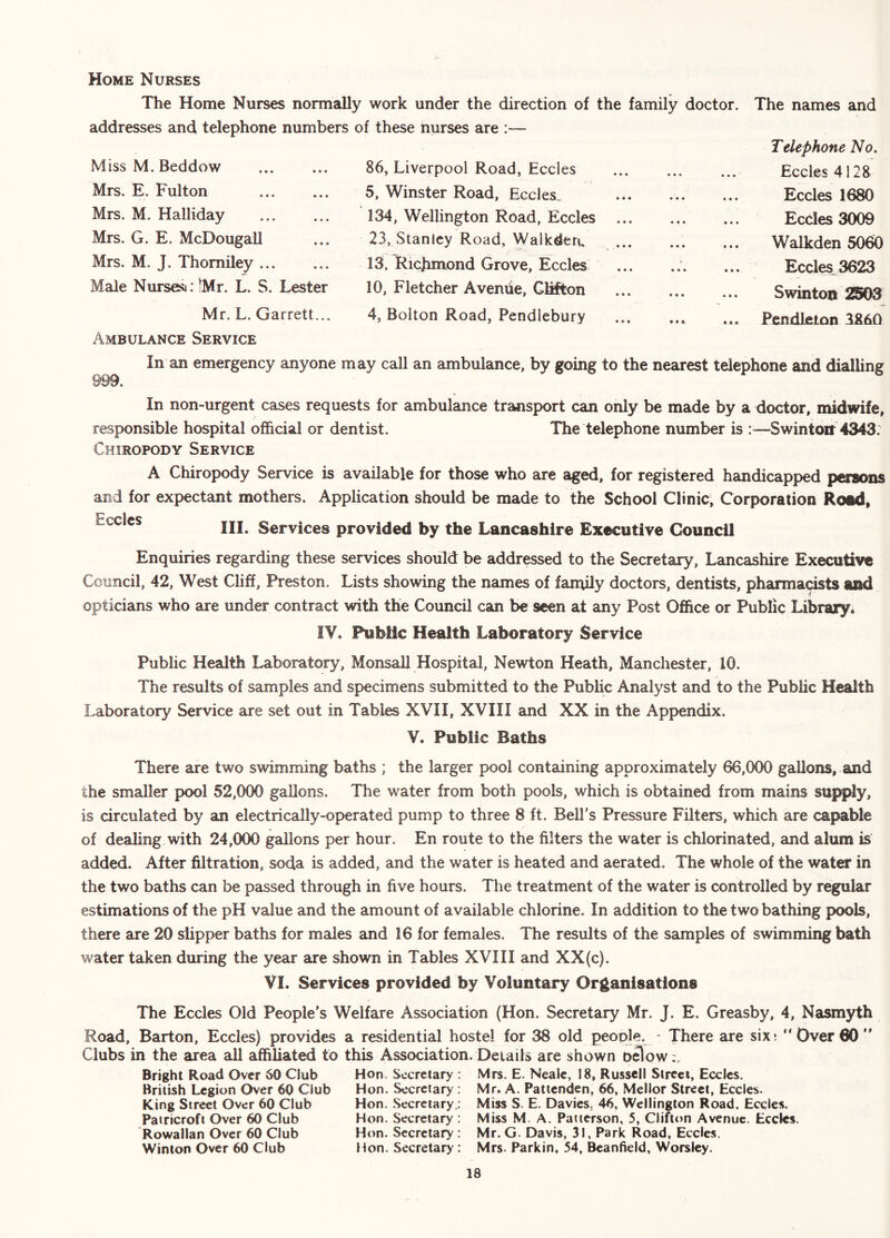 Home Nurses The Home Nurses normally work under the direction of the family doctor. The names and addresses and telephone numbers of these nurses are :— Miss M. Beddow Mrs. E. Fulton Mrs. M. Halliday Mrs. G. E. McDougall Mrs. M. J. Thomiley ... Male Nurseii: tMr. L. S. Lester Mr. L. Garrett... Ambulance Service In an emergency anyone 999. 86, Liverpool Road, Eccles 5, Winster Road, Eccles_ 134, Wellington Road, Eccles 23, Stanley Road, Walkderu 13, Richmond Grove, Eccles 10, Fletcher Aveniie, C®on 4, Bolton Road, Pendlebury ay call an ambulance, by going Telephone No. Eccles 4128 Eccles 1680 Eccles 3009 Walkden 5060 ... Eccles 3623 Swintoo 2S03 .. ... ... Pendleton the nearest telephone and dialling In non-urgent cases requests for ambulance transport can only be made by a doctor, midwife, responsible hospital official or dentist. The telephone number is :—Swintoir 4343. Chiropody Service A Chiropody Service is available for those who are aged, for registered handicapped persons and for expectant mothers. Application should be made to the School Clinic, Corporation Rottd, Eccics HI. Services provided by the Lancashire Executive Council Enquiries regarding these services should be addressed to the Secretary, Lancashire Executive Council, 42, West Cliff, Preston. Lists showing the names of family doctors, dentists, pharmacists and opticians who are under contract with the Council can be seen at any Post Office or Public Library* lY. Public Health Laboratory Service Public Health Laboratory, Monsall Hospital, Newton Heath, Manchester, 10. The results of samples and specimens submitted to the Public Analyst and to the Public Health Laboratory Service are set out in Tables XVII, XVIII and XX in the Appendix. V. Public Baths There are two swimming baths ; the larger pool containing approximately 66,000 gallons, and the smaller pool 52,000 gallons. The water from both pools, which is obtained from mains supply, is circulated by an electrically-operated pump to three 8 ft. Bell's Pressure Filters, which are capable of dealing with 24,000 gallons per hour. En route to the filters the water is chlorinated, and alum is added. After filtration, soda is added, and the water is heated and aerated. The whole of the water in the two baths can be passed through in five hours. The treatment of the water is controlled by regular estimations of the pH value and the amount of available chlorine. In addition to the two bathing pools, there are 20 slipper baths for males and 16 for females. The results of the samples of swimming bath water taken during the year are shown in Tables XVIII and XX(c). VI. Services provided by Voluntary Organisations The Eccles Old People’s Welfare Association (Hon. Secretary Mr. J. E. Greasby, 4, Nasmyth Road, Barton, Eccles) provides a residential hostel for 38 old people^ - There are six* “Over60” Clubs in the area all affiliated to this Association. Details are shown d3ow.'. Bright Road Over 60 Club Hon. Secretary : British Legion Over 60 Club Hon. Secretary : King Street Over 60 Club Hon. .Secretary.: Patricroft Over 60 Club Hon. Secretary : Rowallan Over 60 Club Hon. Secretary : Winton Over 60 Club Hon. Secretary: Mrs. E. Neale, 18, Russell Street, Eccles. Mr. A. Pattenden, 66, Mellor Street, Eccles. Miss S. E. Davies. 46, Wellington Road. Eccles. Miss M. A. Patterson, 5, Clifton Avenue. Eccles. Mr. G. Davis, 31, Park Road, Eccles. Mrs. Parkin, 54, Beanheld, Worsley.
