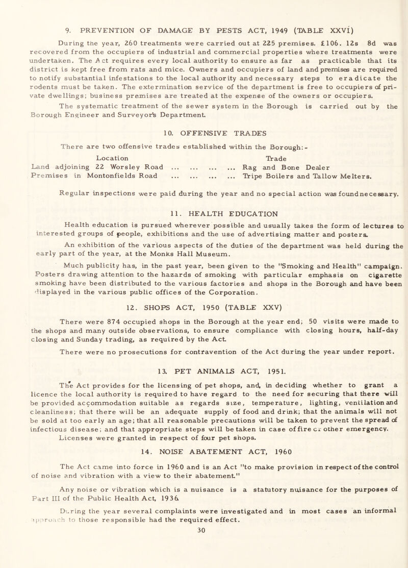 9. PREVENTION OF DAMAGE BY PESTS ACT, 1949 (TABLE XXVI) During the year, 260 treatments were carried out at 225 premises. £106. 12s 8d was recovered from the occupiers of industrial and commercial properties where treatments were undertaken. The ct requires every local authority to ensure as far as practicable that its district is kept free from rats and mice. Owners and occupiers of land and premises are required to notify substantial infestations to the local authority and necessary steps to eradicate the rodents must be taken. The extermination service of the department is free to occupiers of pri- vate dwellings; business premises are treated at the expense of the owners or occupiers. The systematic treatment of the sewer system in the Borough is carried out by the Borough Engineer and Surveyor's Department 10. OFFENSIVE TRADES There are two offensive trades established within the Borough:- Location Trade La.nd adjoining 22 Worsley Road Rag and Bone Dealer Premises in Montonfields Road Tripe Boilers ajid Tallow Me Iters. Regular inspections were paid during the year and no special action was found necessary. 11. HEALTH EDUCATION Health education is pursued wherever possible and usually takes the form of lectures to interested groups of people, exhibitions and the use of advertising matter and posters. An exhibition of the various aspects of the duties of the department was held during the early part of the year, at the Monks Hall Museum. Much publicity has, in the past year, been given to the Smoking and Health campaign. Posters drawing attention to the hazards of smoking with particular emphasis on cigarette smoking have been distributed to the various factories and shops in the Borough and have been displayed in the various public offices of the Corporation. 12. SHOPS ACT, 1950 (TABLE XXV) There were 874 occupied shops in the Borough at the year end; 50 visits were made to the shops and many outside observations, to ensure compliance with closing hours, half-day closing and Sunday trading, as required by the Act. There were no prosecutions for contravention of the Act during the year under report. 13. PET ANIMALS ACT, 1951. ThTe Act provides for the licensing of pet shops, and, in deciding whether to grant a licence the local authority is required to have regard to the need for securing that there v/ill be provided accommodation suitable as regards size, temperature, lighting, ventilation and cleanliness; that there will be an adequate supply of food and drink; that the animals will not be sold at too early an age; that all reasonable precautions will be taken to prevent the spread of infectious disease; and that appropriate steps will betaken in case of fire cr other emergency. Licenses were granted in respect of four pet shops. 14. NOISE ABATEMENT ACT, I960 The Act came into force in I960 and is an Act to make provision in respect of the control of noise and vibration with a view to their abatement Any noise or vibration which is a nuisance is a statutory nuisance for the purposes of Part III of the Public Health Act 1936. During the year several complaints were investigated and in most cases an informal ippro.ich to those responsible had the required effect.