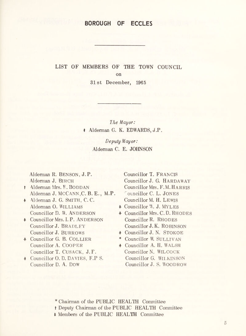 LIST OF MEMBERS OF THE TOWN COUNCIL on 31st December, 1965 I he Mayor: ♦ Alderman G. K. EDWARDS, J.P. Deputy Mayor: Alderman C. E. JOHNSON Alderman R. BENSON, J.P. Alderman J. BiRCH t Alderman Mrs. F. BODDAN Alderman J. McCann,C. B. E., M.P. 4- Alderman J. G. SMITH, C. C. Alderman 0. WILLIAMS Councillor D. W. ANDERSON 4- Councillor Mrs. I. P. Anderson Councillor J. BRADLEY Councillor J. BURROWS + Councillor G. B. COLLIER Councillor A. COOPER Councillor T. CuSACK, J. F. 4 Councillor 0. D, DAVIES, F.P S. Councillor D. A. DOW Councillor T. FRANCIS Councillor J. G. HARDAWAY Councillor Mrs. F. M. Harris ouncillor C. L. JONES Councillor M. H. LEWIS 4- Councillor W'. J, MYLES 4- Councillor Mrs. C. D. RHODES Councillor R. RhODES Councillor J. K. ROBINSON 4 Councillor J. N. STOKOE * Councillor W1 SULLIVAN 4 Councillor A. H. WALSH Councillor N. WiLCOCK Councillor G. WILKINSON Councillor J. S. WOODROW * Chairman of the PUBLIC HEALTH Committee t Deputy Chairman of the PUBLIC HEALTH Committee 4 Members of the PUBLIC HEALTH Committee