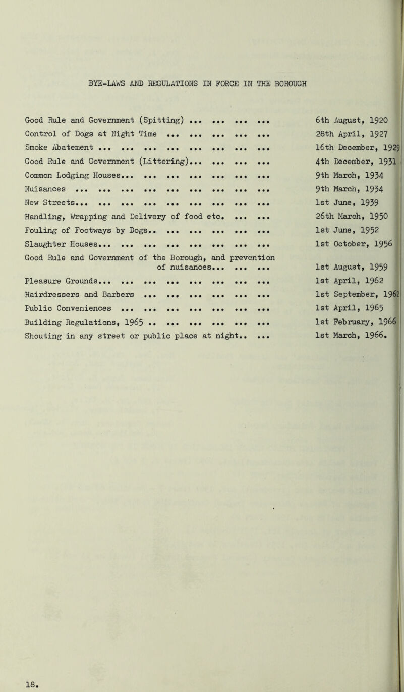 BYE-LAWS AKD REGULATIONS IN FORCE IN THE BOROUGH Good Rule and Government (Spitting) 6th August, 1920 Control of Dogs at Night Time 28th April, 192? Smoke Abatement ... ... l6th December, 1929 Good Rule and Government (Littering) ... 4'th December, 1951 Common Lodging Houses ... 9'th March, 1934 Nuisances 9th March, 1934 New Streets 1st June, 1939 Handling, Wrapping and Delivery of food etc. ... ... 26th March, 1950 Fouling of Footways by Dogs. 1st June, 1952 Slaughter Houses ... ... 1st October, 1956 Good Rule and Government of the Borough, and prevention of nuisances... ... ... 1st August, 1959 Pleasure Grounds ... ... 1st April, 1962 Hairdressers and Barbers ... ... ... ... 1st September, 1962 Public Conveniences 1st April, 19^5 Building Regulations, 19^5 •• ••• ••• ••• ••• ••• 1st February, 1966 Shouting in any street or public place at night.. ... 1st March, 1966.