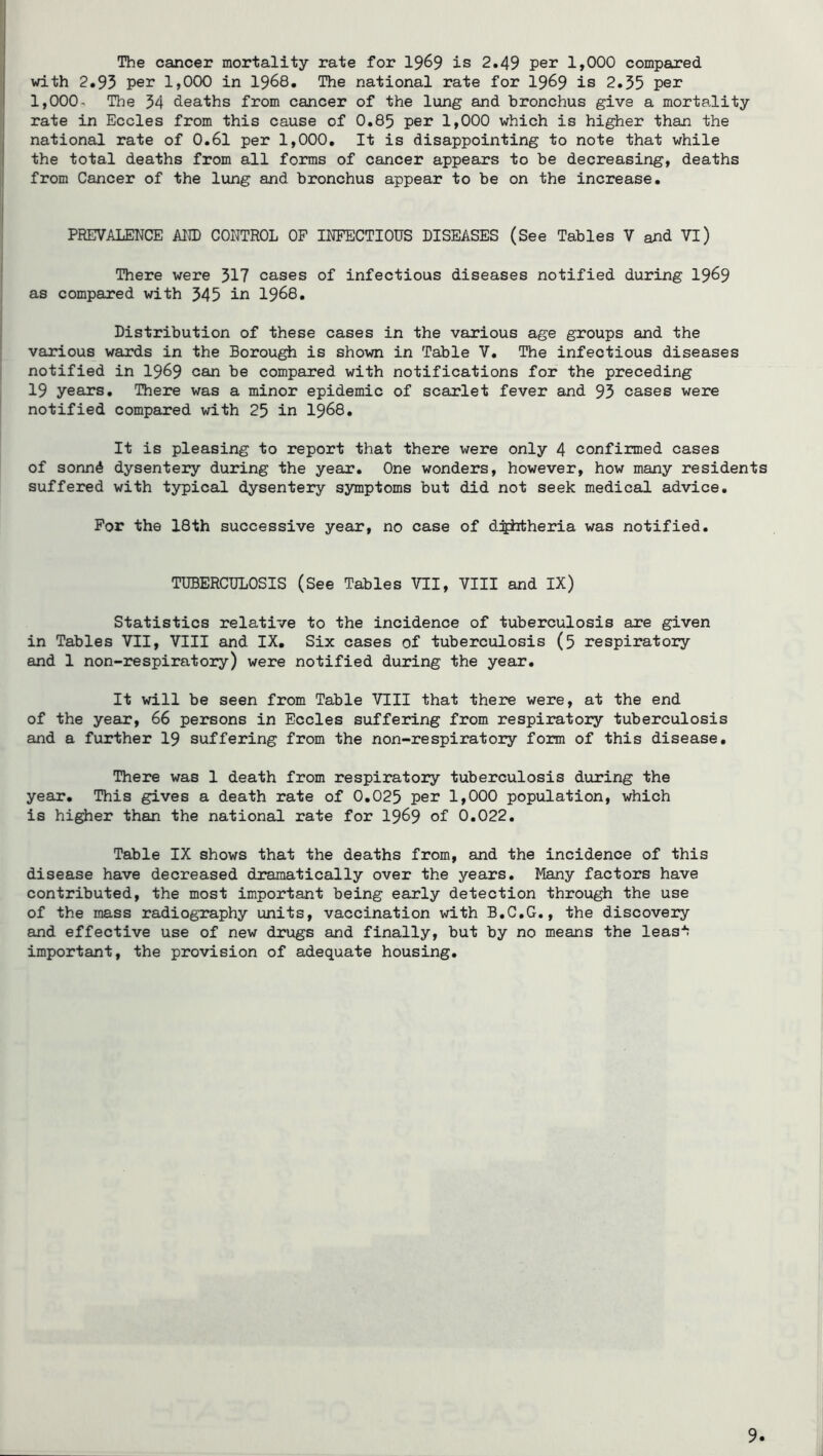 The cancer mortality rate for 19^9 is 2.49 per 1,000 compared with 2.95 per 1,000 in 1968. The national rate for I969 is 2.35 per 1,000- The 34 deaths from cancer of the lung and bronchus give a mortality rate in Eccles from this cause of 0.85 per 1,000 which is higher than the national rate of O.6I per 1,000. It is disappointing to note that while the total deaths from all forms of cancer appears to be decreasing, deaths from Cancer of the lung and bronchus appear to be on the increase. PREVALENCE MJD COITTROL OP INFECTIOUS DISEASES (See Tables V and VI) There were 317 cases of infectious diseases notified during I969 as compared with 345 in I968. Distribution of these cases in the various age groups and the various wards in the Borou^ is shown in Table V. The infectious diseases notified in I969 can be compared with notifications for the preceding 19 years. There was a minor epidemic of scarlet fever and 95 cases were notified compared with 25 in I968. It is pleasing to report that there were only 4 confirmed cases of sonnd dysentery during the year. One wonders, however, how many residents suffered with typical dysentery symptoms but did not seek medical advice. For the 18th successive year, no case of d^htheria was notified. TUBERCULOSIS (See Tables VII, VIII and IX) Statistics relative to the incidence of tuberculosis are given in Tables VII, VIII and IX. Six cases of tuberculosis (5 respiratory and 1 non-respiratory) were notified during the year. It will be seen from Table VIII that there were, at the end of the year, 66 persons in Eccles suffering from respiratory tuberculosis and a further 19 suffering from the non-respiratory form of this disease. There was 1 death from respiratory tuberculosis during the year. This gives a death rate of 0.025 per 1,000 population, which is hi^er than the national rate for I969 of 0.022. Table IX shows that the deaths from, and the incidence of this disease have decreased dramatically over the years. Many factors have contributed, the most important being early detection through the use of the mass radiography units, vaccination with B.C.G., the discovery and effective use of new drugs and finally, but by no means the least important, the provision of adequate housing.