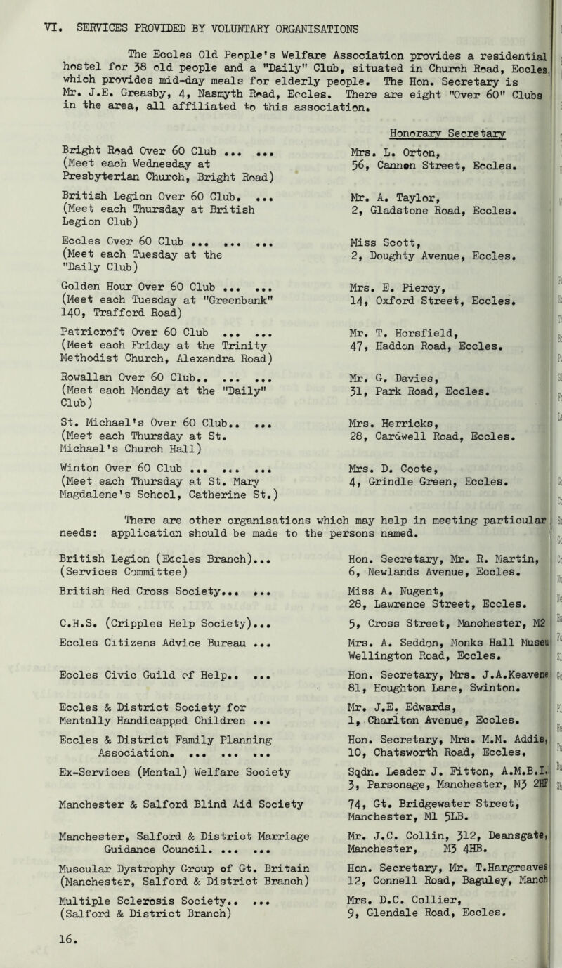 VI. SERVICES PROVIDED BY VOLUNTARY ORGAITISATIONS The Eccles Old People’s Welfaxe Association provides a residential hostel for 38 old i>eople and a Daily” Club, situated in Church Road, Eccles, which provides mid-day meals for elderly people. The Hon. Secretary is Mr. J.E, Greasby, 4» Nasmyth Road, Eccles, There are eight Over 60 Clubs in the area, all affiliated t© this association. Bright Road Over 60 Club (Meet each Wednesday at Ihresbyterian Church, Bright Road) British Legion Over 60 Club, ... (Meet each Thursday at British Legion Club) Eccles Over 60 Club (Meet each Tuesday at the Daily Club) Golden Hour Over 60 Club ... ... (Meet each Tuesday at Greenbank 140, Trafford Road) Patricroft Over 60 Club ... ... (Meet each Friday at the Trinity Methodist Church, Alexandra Road) Rowallan Over 60 Club., (Meet each Monday at the Daily Club) St, Michael’s Over 60 Club., ... (Meet each Thursday at St, Michael’s Church Hall) Winton Over 60 Club ... ... ... (Meet each Thursday at St. Mary Magdalene’s School, Catherine St.) Honorary Secretary Mrs. L. Orton, ; 56, Cannon Street, Eccles. j i Mr, A, Taylor, 2, Gladstone Road, Eccles. Miss Scott, 2, Doughty Avenue, Eccles, R Mrs. E, Piercy, 14, Oxford Street, Eccles, K Mr. T, Horsfield, ' 47> Haddon Road, Eccles. Pi ■1' Mr, G, Davies, j S] 31, Park Road, Eccles. | |j Mrs, Herricks, / | 28, Cardwell Road, Eccles, 1 ) Mrs, D, Coote, 4, Grindle Green, Eccles. ft Cc There are other organisations which may help in meeting particular Si needs: application should be made to the persons named, , British Legion (Eccles Branch),.. (Services Committee) British Red Cross Society C.H.S. (Cripples Help Society),., Eccles Citizens Advice Bureau ... Eccles Civic Guild of Help Eccles & District Society for Mentally Handicapped Children ... Eccles & District Family Planning Association. Ex-Services (Mental) Welfare Society Manchester & Salford Blind Aid Society Manchester, Salford & District Marriage Guidance Council Hon. Secretary, Mr. 6, Newlands Avenue, R. Martin, Co Eocles, Hu Miss A, Nugent, 28, Lawrence Street, Eccles. 5, Cross Street, Manchester, M2 Mrs, A. Seddon, Monks Hall Musei Wellington Road, Eccles. Fo SI Hon, Secretary, Mrs 81, Houghton Lane, . J.A.Keavenej Swinton, Go Mr, J.E, Edwards, 1, Chariton Avenue, Eccles, Hon. Secretary, Mrs, M.M. Addis, 10, Chatsworth Road, Eccles, Sqdn, Leader J. Fitton, A.M.B.IJ 3, Parsonage, Manchester, M3 2Hr S|) 74» Gt, Bridgewater Street, Manchester, Ml 5LB, Mr, J.C. Collin, 312, Deansgate,! Manchester, M3 4HB. Muscular Dystrophy Group of Gt, Britain Hon, Secretary, Mr, T.Hargreavesi (Manchester, Salford & District Branch) 12, Connell Road, Baguley, Manflfci Multiple Sclerosis Society Mrs. D.C. Collier, (Salford & District Branch) 9» Glendale Road, Eccles,