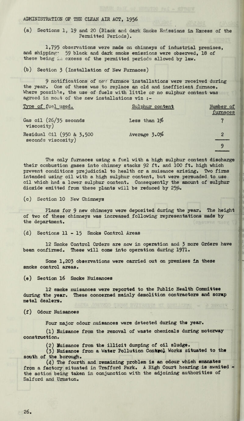 ADMINISTRATION OP THE CLEAN AIR ACT, I956 (a) Sections 1, 19 and 20 (Black and dark Smoke Emissions in Excess of the Permitted Periods). 1,795 observations were made on chimneys of industrial premises, and shipping’ 59 black and dark smoke emissions were observed, 18 of these being in excess of the permitted periods allowed by law, (b) Section 3 (installation of New Furnaces) 9 notifications of new furnace installations were received during the year. One of these was to replace an old and inefficient furnace. Where possible, the use of fuels with little or no sulphur content was agreed in most of the new installations viz Type of fuel used. Gas oil (26/35 seconds viscosity) Residual Oil (950 & 3»500 seconds viscosity) Sulphur content Less than Yfo Average 3*0^ Number of furnaces 7 2 9 The only furnaces using a fuel with a high sulphur content discharge their combustion gases into chimney stacks 92 ft. and 100 ft. high which prevent conditions prejudicial to health or a nuisance arising. Two firms intended using oil with a high sulphur content, but were persuaded to use oil which had a lower sulphur content. Consequently the amount of sulphur dioxide emitted from these plants will be reduced by 25/o. (c) Section 10 New Chimneys Plans for 9 new chimneys were deposited during the year. The height of two of these chimneys was increased following representations made by the department. (d) Sections 11 - 15 Smoke Control Areas 12 Smoke Control Orders are now in operation and 3 more Orders have been confirmed. These will come into operation during 1971• Some 1,205 observations were carried out on premises tn these smoke control areas. (e) Section 16 Smoke Nuisances 12 smoke nuisances were reported to the Public Health Committee during the year. These concerned mainly demolition contractors and scrap metal dealers. (f) Odour Nuisances Pour major odour nuisances were detected during the year, (1) Nuisance from the removal of waste chemicals during motorway construction. (2) Nuisance from the illicit dumping of oil sludge, (3) Nuisance from a Water Pollution ContJFoJ. Works situated to the south of the borough. (4) The fourth and remaining problem is an odour which emanates from a factory situated in Trafford Park. A High Court hearing is awaited • the action being taken in conjunction with the adjoining authorities of Salford and Urmston.