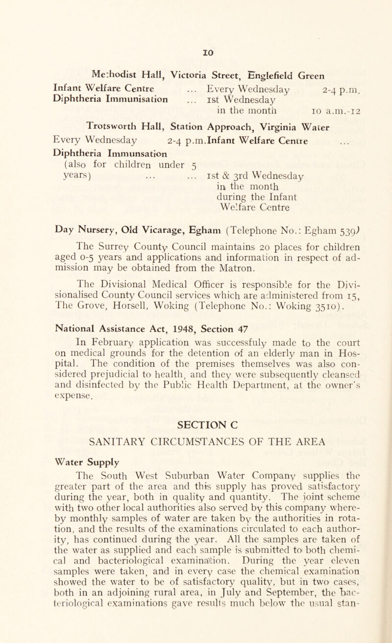 Methodist Hall, Victoria Street, Hnglefield Green Infant Welfare Centre ... Every Wednesday 2-4 p.m. Diphtheria Immunisation ... ist Wednesday in the month 10 a.m.-i2 Trots worth Hall, Station Approach, Virginia Water Every Wednesday 2-4 p.m.Infant Welfare Centre Diphtheria Immunsation (also for children under 5 years) ... ... ist & 3rd Wednesday in the month during the Infant Welfare Centre Day Nursery, Old Vicarage, Egham (Telephone No.: Egham 539I The Surrey County Council maintains 20 places for children aged 0-5 years and applications and information in respect of ad- mission may be obtained from the Matron. The Divisional Medical Officer is responsible for the Divi- sionalised County Council services which are administered from 15, The Grove, Horsell, Woking (Telephone No.: Woking 3510). National Assistance Act, 1948, Section 47 In Eebruary application was successfuly made to the court on medical grounds for the detention erf an elderly man in Hos- pital. The condition of the premises themselves was also con- sidered prejudicial to healthy and they were subsequently cleansed and disinfected by the Public Health Department, at the owner’s expense. SECTION C SANITARY CIRCUMSTANCES OF THE AREA Water Supply The South West Suburban Water Company supplies the greater part of the area and this supply has proved satisfactory during the year, both in quality and quantity. The joint scheme with two other local authorities also served by this company where- by monthly samples of water are taken by the authorities in rota- tion, and the results of the examinations circulated to each author- ity, has continued during the year. All the samples are taken of the water as supplied and each sample is submitted to' both chemi- cal and bacteriological examinaltion. During the year eleven samples were taken^ and in every case the chemical examination showed the water to be of satisfactor}/ quality, but in two’ cases, both in an adjoining rural area, in July and September, the bac- teriological examinations gave resnhs much below the usual stan-