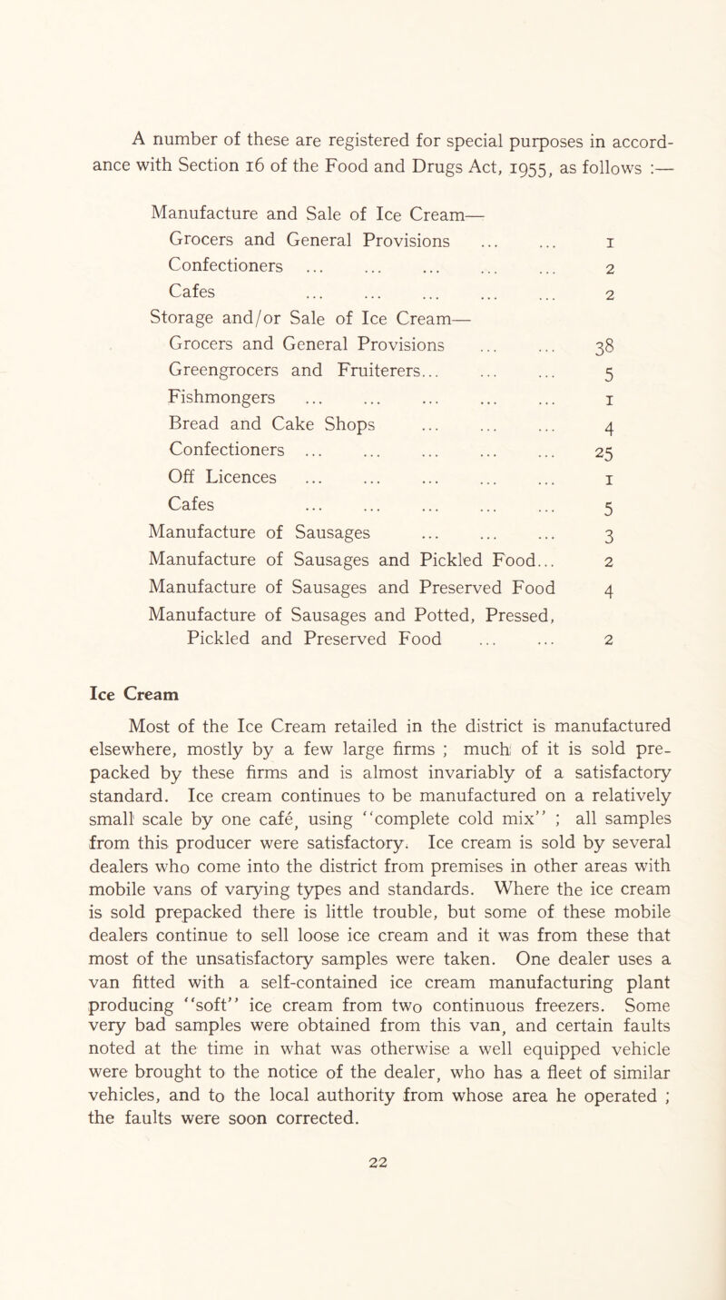 A number of these are registered for special purposes in accord- ance with Section i6 of the Food and Drugs Act, 1955, as follows :— Manufacture and Sale of Ice Cream—■ Grocers and General Provisions Confectioners Cafes Storage and/or Sale of Ice Cream— Grocers and General Provisions Greengrocers and Fruiterers... Fishmongers Bread and Cake Shops Confectioners ... Off Licences Cafes Manufacture of Sausages Manufacture of Sausages and Pickled Food... Manufacture of Sausages and Preserved Food Manufacture of Sausages and Potted, Pressed, Pickled and Preserved Food 1 2 2 38 5 I 4 25 1 5 3 2 4 2 Ice Cream Most of the Ice Cream retailed in the district is manufactured elsewhere, mostly by a few large firms ; much; of it is sold pre- packed by these firms and is almost invariably of a satisfactory standard. Ice cream continues to be manufactured on a relatively small scale by one cafe^ using ‘‘complete cold mix” ; all samples from this producer were satisfactory; Ice cream is sold by several dealers who come into the district from premises in other areas with mobile vans of varying types and standards. Where the ice cream is sold prepacked there is little trouble, but some of these mobile dealers continue to sell loose ice cream and it was from these that most of the unsatisfactory samples were taken. One dealer uses a van fitted with a self-contained ice cream manufacturing plant producing “soft” ice cream from two continuous freezers. Some very bad samples were obtained from this van, and certain faults noted at the time in what was otherwise a well equipped vehicle were brought to the notice of the dealer, who has a fleet of similar vehicles, and to the local authority from whose area he operated ; the faults were soon corrected.