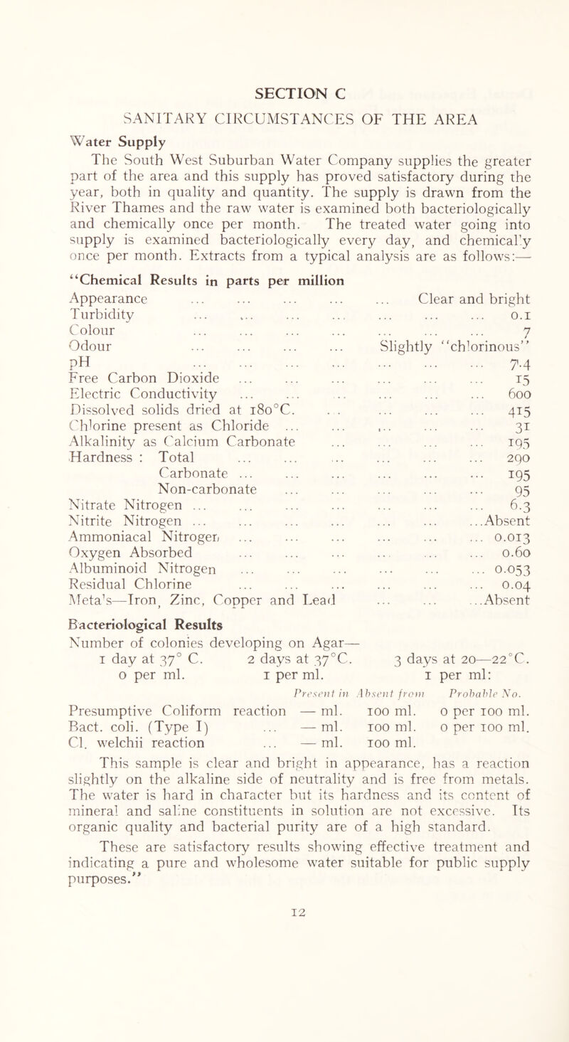 SANITARY CIRCUMSTANCES OF THE AREA Water Supply The South West Suburban Water Company supplies the greater part of the area and this supply has proved satisfactory during the year, both in quality and quantity. The supply is drawn from the River Thames and the raw water is examined both bacteriologically and chemically once per month. The treated water going into supply is examined bacteriologically every day, and chemicar.y once per month. Extracts from a typical analysis are as follows;— ‘‘Chemical Results in parts per million Appearance ... ... ... ... ... Clear and bright Turbidity ... ... ... ... ... ... ... o.i Colour ... ... ... ... ... ... ... 7 Odour ... ... ... ... Slightly ‘Thlorinous” pH 7'-4 Free Carbon Dioxide ... ... ... ... ... ... 15 Electric Conductivity ... ... .. ... ... ... 600 Dissolved solids dried at i8o°C. . . ... ... ... 415 Chlorine present as Chloride ... ... ... ... ... 31 Alkalinity as Calcium Carbonate ... ... ... ... 195 Hardness : Total ... ... ... ... ... ... 290 Carbonate ... ... ... ... ... ... 195 Non-carbonate ... ... ... ... ... 95 Nitrate Nitrogen ... ... ... ... ... ... ... 6.3 Nitrite Nitrogen ... ... ... ... ... ... ...Absent Ammoniacal Nitrogen ... ... ... ... ... ... 0.013 Oxygen Absorbed ... ... ... ... ... ... 0.60 Albuminoid Nitrogen ... ... ... ••• ... ... 0.053 Residual Chlorine ... ... ... ... ... ... 0.04 MetaN—Iron, Zinc, Copper and Lead ... ... ...Absent Bacteriological Results Number of colonies developing on Agar— I day at 37° C. 2 days at 37°C. 3 days at 20—22°C. o per ml. i per ml. i per ml: Present ill Absent from Probable No. Presumptive Coliform reaction — ml. 100 ml. 0 per 100 ml. Bact. coli. (Type I) ... —ml. too ml. o per 100 ml. Cl. welchii reaction ... —ml. too ml. This sample is clear and bright in appearance, has a reaction slightly on the alkaline side of neutrality and is free from metals. The water is hard in character but its hardness and its content of mineral and saline constituents in solution are not excessive. Its organic quality and bacterial purity are of a high standard. These are satisfactory results showing effective treatment and indicating a pure and wholesome water suitable for public supply purposes/'