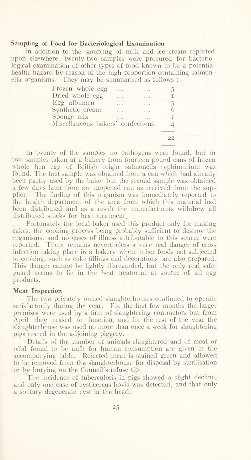 Sampling of Food for Bacteriological Examination In addition to the sampling of milk and ice cream reported upon elsewhere, twenty-two samples were procured for bacterio- logical examination of other types of food known to be a potential health hazard by reason of the high proportion containing salmon- ella organisms. They may be summarised as follows :— Frozen whole egg ... ... 5 Dried whole egg ... ... i Egg albumen ... ... 5 Synthetic cream ... ... 6 Sponge mix ... ... i Miscellaneous bakers’ confections 4 22 In twenty of the samples no pathogens were found, but in two samples taken at a bakery from fourteen pound cans of frozen whole hen egg of British origin salmonella typhimurium was found. The first sample was obtained from a can which had already been partly used by the baker but the second sample was obtained a few days later from an unopened can as received from the sup- plier. The finding of this organism was immediately reported to the health department of the area from which this material had been distributed and as a result the manufacturers withdrew all distributed stocks for heat treatment. Fortunately the local baker used this product only for making cakes, the cooking process being probably sufficient to destroy the organisms, and no cases of illness attributable to this source were reported. There remains nevertheless a very real danger of cross infection taking place in a bakery where other foods not subjected to cooking, such as cake fillings and decorations, are also prepared. This danger cannot be lightly disregarded, but the only real safe- guard seems to lie in the heat treatmient at source of all egg products. Meat Inspection The two privately owned slaughterhouses continued to operate satisfactorily during the year. For the first few months the larger premises were used by a firm of slaughtering contractors but from April they ceased to function, and for the rest of the year the slaughterhouse was used no more than once a week for slaughtering pigs reared in the adjoining piggery. Details of the number of animals slaughtered and of meat or offal found to be unfit for human consumption are given in the accompanying table. Rejected meat is stained green and allowed to be removed from the slaughterhouse for disposal by sterilisation or by burying on the Councihs refuse tip. The incidence of tuberculosis in pigs showed a slight decline, and only one case of cysticercus bovis was detected, and that only a solitary degenerate cyst in the head.