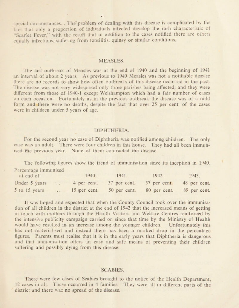 special circumstances. - The* problem of dealing with this disease is complicated by the fact that only a proportion of individuals infected develop the rash characteristic of “Scarlet Fever,” with the result that in addition to the cases notified there are others equally infectious, suffering from tonsilitis, quinsy or similar conditions. MEASLES. The last outbreak of Measles was at the end of 1940 and the beginning of 1941 an interval of about 2 years. As previous to 1940 Measles was not a notifiable disease there are no records to show how often outbreaks of this disease occurred in the past. The disease was not very widespread only three parishes being affected, and they were different from those of 1940-1 except Welshampton which had a fair number of cases on each occasion. Fortunately as in the previous outbreak the disease was of a mild form and there were no deaths, despite the fact that over 25 per cent, of the cases were in children under 5 years of age. DIPHTHERIA. For the second year no case of Diphtheria was notified among children. The only case was an adult. There were four children in this house. They had all been immun- ised the previous year. None of them contracted the disease. The following figures show the trend of immunisation since its inception in 1940. Percentage immunised at end of 1940. 1941. 1942. 1943. Under 5 years . . 4 per cent. 37 per cent. 57 per cent. 48 per cent. 5 to 15 years . . 15 per cent. 50 per cent. 80 per cent. 89 per cent. It was hoped and expected that when the County Council took over the immunisa- tion of all children in the district at the end of 1942 that the increased means of getting in touch with mothers through the Health Visitors and Welfare Centres reinforced by the intensive publicity campaign carried on since that time by the Ministry of Health would have resulted in an increase among the younger children. Unfortunately this has not materialised and instead there has been a marked drop in the percentage figures. Parents must realise that it is in the early years that Diphtheria is dangerous and that immunisation offers an easy and safe means of preventing their children suffering and possibly dying from this disease. SCABIES. There were few cases of Scabies brought to the notice of the Health Department, 12 cases in all. These occurred in 4 families. They were all in different parts of the district and there was no spread of the disease.