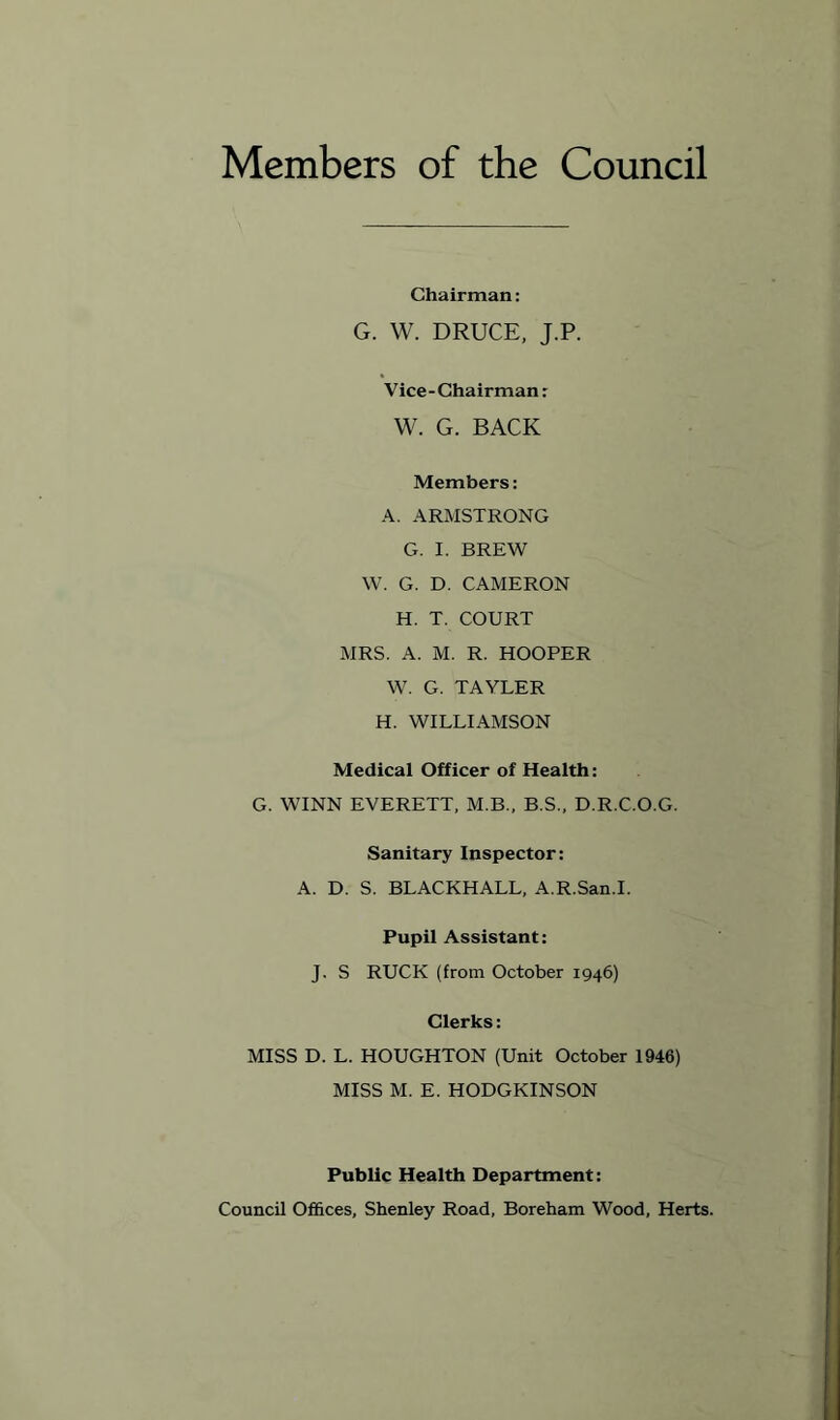 Members of the Council Chairman: G. W. DRUCE, J.P. Vice - Chairman: W. G. BACK Members: A. ARMSTRONG G. I. BREW W. G. D. CAMERON H. T. COURT MRS. A. M. R. HOOPER W. G. TAYLER H. WILLIAMSON Medical Officer of Health: G. WINN EVERETT, M.B., B.S., D.R.C.O.G. Sanitary Inspector: A. D. S. BLACKHALL, A.R.San.I. Pupil Assistant: J. S RUCK (from October 1946) Clerks: MISS D. L. HOUGHTON (Unit October 1946) MISS M. E. HODGKINSON Public Health Department: Council Offices, Shenley Road, Boreham Wood, Herts.