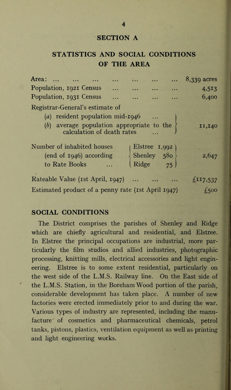 SECTION A STATISTICS AND SOCIAL CONDITIONS OF THE AREA Area: 8,339 acres Population, 1921 Census ... 4.513 Population, 1931 Census Registrar-General’s estimate of 6,400 (a) resident population mid-1946 (b) average population appropriate to the calculation of death rates 11,140 Number of inhabited houses | Elstree 1,992 (end of 1946) according ] Shenley 580 2,647 to Rate Books [ Ridge 75 Rateable Value (1st April, 1947) £117>537 Estimated product of a penny rate (1st April 1947) £500 SOCIAL CONDITIONS The District comprises the parishes of Shenley and Ridge which are chiefly agricultural and residential, and Elstree. In Elstree the principal occupations are industrial, more par- ticularly the film studios and allied industries, photographic processing, knitting mills, electrical accessories and light engin- eering. Elstree is to some extent residential, particularly on the west side of the L.M.S. Railway line. On the East side of the L.M.S. Station, in the Boreham Wood portion of the parish, considerable development has taken place. A number of new factories were erected immediately prior to and during the war. Various types of industry are represented, including the manu- facture of cosmetics and pharmaceutical chemicals, petrol tanks, pistons, plastics, ventilation equipment as well as printing and light engineering works.