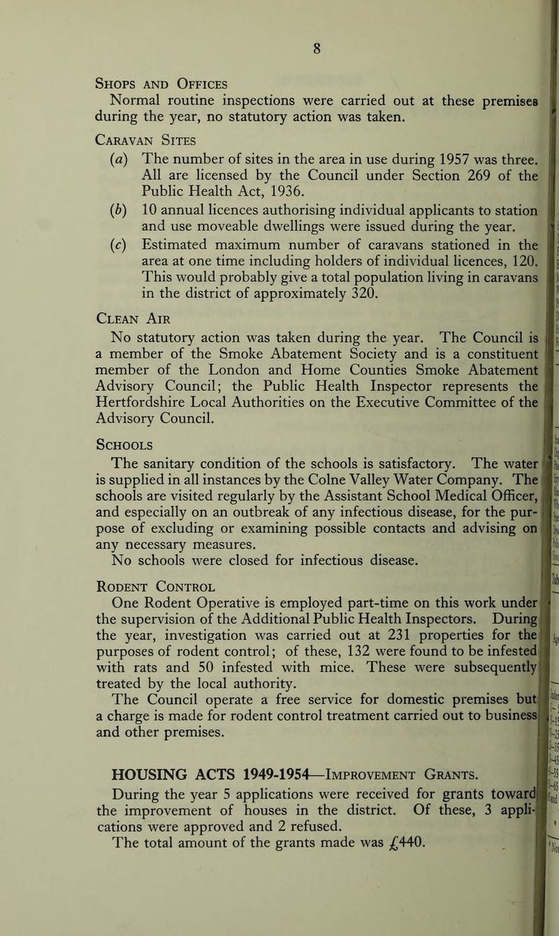Shops and Offices Normal routine inspections were carried out at these premises s during the year, no statutory action was taken. Caravan Sites (a) The number of sites in the area in use during 1957 was three. | All are licensed by the Council under Section 269 of the ) Public Health Act, 1936. ! {b) 10 annual licences authorising individual applicants to station i and use moveable dwellings were issued during the year. (c) Estimated maximum number of caravans stationed in the area at one time including holders of individual licences, 120. This would probably give a total population living in caravans in the district of approximately 320. i Clean Air No statutory action was taken during the year. The Council is a member of the Smoke Abatement Society and is a constituent ) member of the London and Home Counties Smoke Abatement [ Advisory Council; the Public Health Inspector represents the j Hertfordshire Local Authorities on the Executive Committee of the i Advisory Council. Schools The sanitary condition of the schools is satisfactory. The water is supplied in all instances by the Colne Valley Water Company. The | schools are visited regularly by the Assistant School Medical Officer, and especially on an outbreak of any infectious disease, for the pur- pose of excluding or examining possible contacts and advising on any necessary measures. No schools were closed for infectious disease. Rodent Control One Rodent Operative is employed part-time on this work under the supervision of the Additional Public Health Inspectors. During the year, investigation was carried out at 231 properties for the purposes of rodent control; of these, 132 were found to be infested with rats and 50 infested with mice. These were subsequently treated by the local authority. The Council operate a free service for domestic premises but a charge is made for rodent control treatment carried out to business and other premises. HOUSING ACTS 1949-1954—Improvement Grants. During the year 5 applications were received for grants toward the improvement of houses in the district. Of these, 3 appli-] cations were approved and 2 refused. The total amount of the grants made was ;£440. |!-]i ll-lS IMS fH! Mi pul