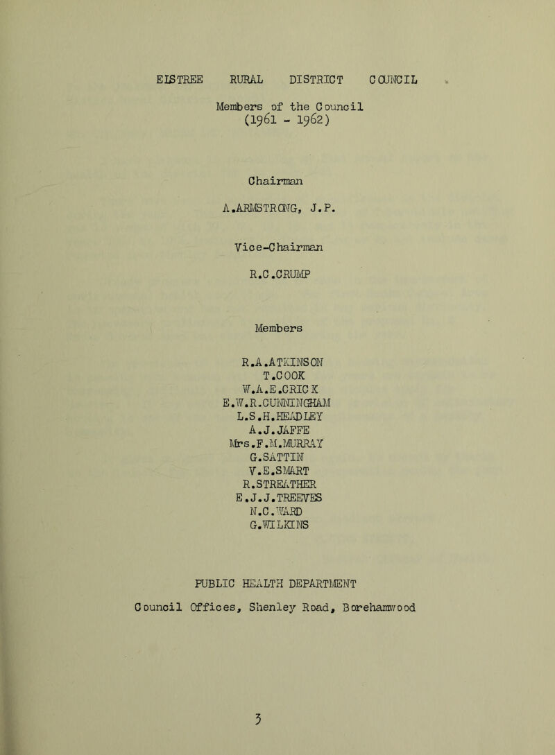 Members of the Council (1961 - 1962) Chairman A .ARMSTRONG, J.P. Vice-Chairman R.C .CRUMP Members R.A .ATKINSON T.COOK W. A. E .CRICK E.V.R.CUNNINGHAM L.S.H.HEADLEY A.J.JAFFE Mr s.F.M. MURRAY G.SATTIN V.E.SMART R.STREATHER E.J.J.TREEVES N.C.'YARD G.WILKINS PUBLIC HEALTH DEPARTMENT Council Offices, Shenley Road, Borehamwood 5