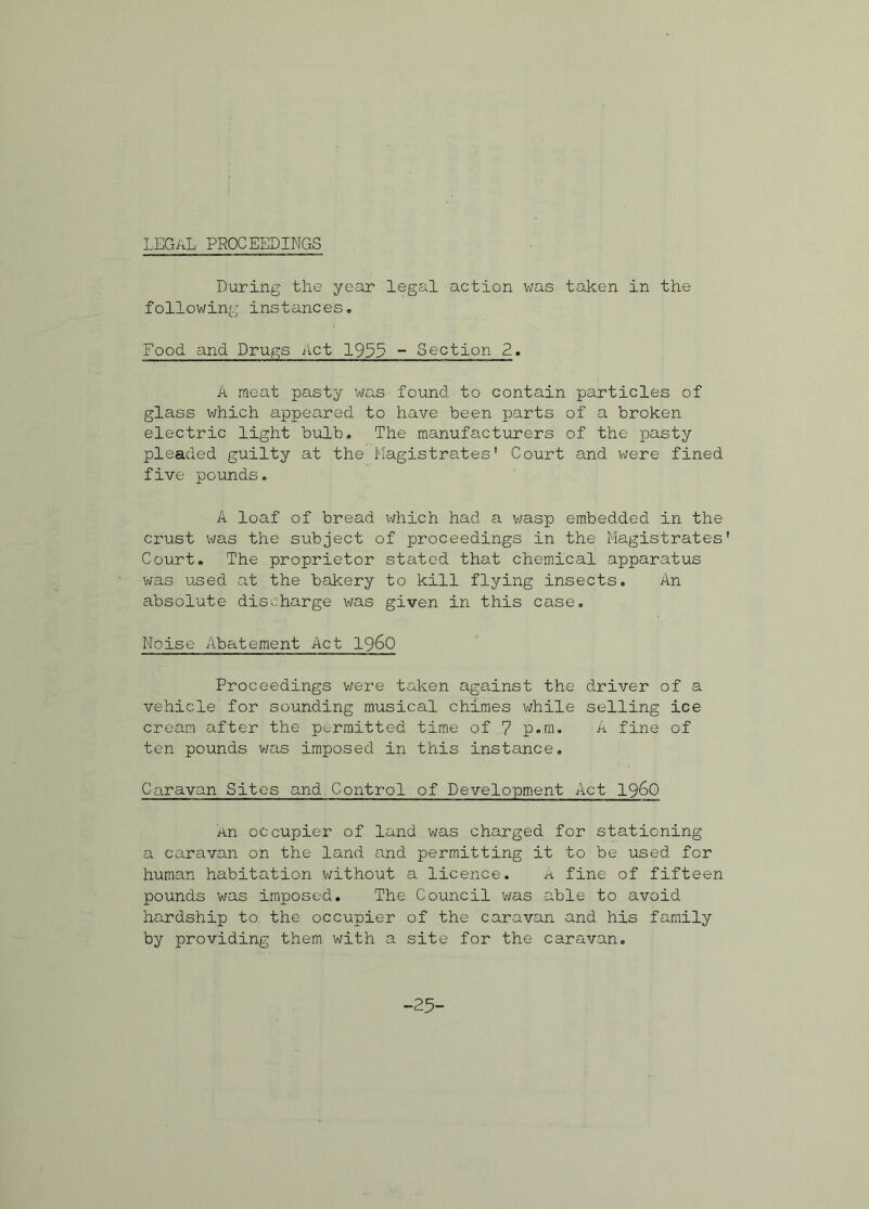 LEGAL PROCEEDINGS During the year legal action was taken in the following instances. Food and Drugs Act 1933 ~ Section 2. A meat pasty was found to contain particles of glass which appeared to have been parts of a broken electric light bulb. The manufacturers of the pasty pleaded guilty at the Magistrates' Court and were fined five pounds. A loaf of bread which had a wasp embedded in the crust was the subject of proceedings in the Magistrates' Court. The proprietor stated that chemical apparatus was used at the bakery to kill flying insects. An absolute discharge was given in this case. Noise Abatement Act i960 Proceedings were taken against the driver of a vehicle for sounding musical chimes while selling ice cream after the permitted time of 7 p.m. A fine of ten pounds was imposed in this instance. Caravan Sites and.Control of Development Act i960 An occupier of land was charged for stationing a caravan on the land and permitting it to be used for human habitation without a licence. a fine of fifteen pounds was imposed. The Council was able to avoid hardship to the occupier of the caravan and his family by providing them with a site for the caravan. -25-