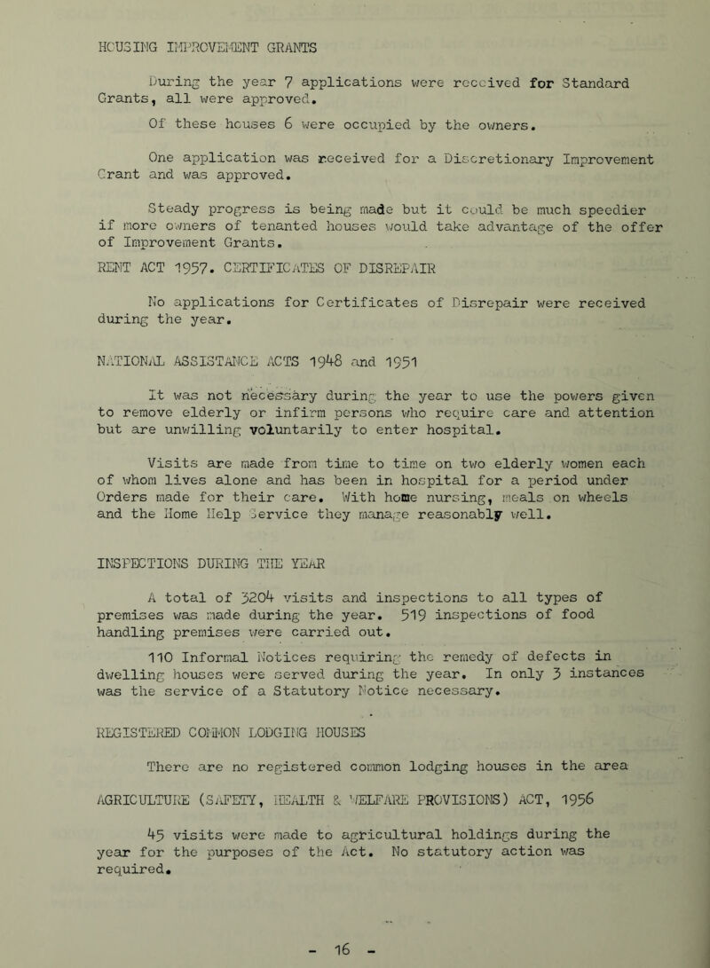 HOUSING IMPROVEi'iENT GRANTS D\aring the year 7 applications were received for Standard Grants, all were approved. Of these houses 6 were occupied by the ov/ners. One application was received for a Discretionary Improvement Grant and was approved. Steady progress is being made but it cuuld be much speedier if more owners of tenanted houses would take advantage of the offer of Improvement Grants, RENT ACT 1957. CERTIFICATES OF DISREPAIR No applications for Certificates of Disrepair were received during the year. NATIONiVL ASSISTANCE ACTS 1948 and 1951 It was not heces-sary during the year to use the powers given to remove elderly or infirm persons v;ho require care and attention but are unv;illing voluntarily to enter hospital. Visits are made from time to time on two elderly women each of whom lives alone and has been in hospital for a jJ^riod under Orders made for their care. With home nursing, meals on wheels and the Home Help Service they manage reasonably v;ell. INSPECTIONS DURING THE YEAR A total of 3204 visits and inspections to all types of premises was made during the year. 519 inspections of food handling premises v;ere carried out, 110 Informal Notices requiring the remedy of defects in dwelling hoiases v/ere served during the year. In only 5 instances \^a.s the service of a Statutory Notice necessary. REGISTERED COIMON LODGING HOUSES There are no registered common lodging houses in the area AGRICULTURE (SiiFETY, HEiiLTH & ’/ELFARE PROVISIONS) ACT, I956 45 visits were made to agricultural holdings during the year for the purposes of the Act, No statutory action was required.