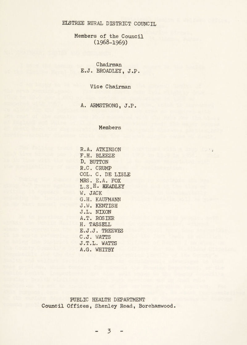 Members of the Council (1968-1969) Chairman E.J. BROADLEY, J.P. Vice Chairman A. ARMSTRONG, J.P. Members R.A. ATKINSON F. H. BLEEZE D. BUTTON R.C. CRUMP COL. C. DE LISLE MRS. E.A. FOX L.S.H. HEADLEY W. JACK G. H. KAUFMANN J.W. KENTISH J.L. NIXON A.T. ROSIER H. TASSELL E. J.J. TREEVES C.J. WATTS J.T.L. WATTS A.G. WHITBY PUBLIC HEALTH DEPARTMENT Council Offices, Shenley Road, Borehamwood.