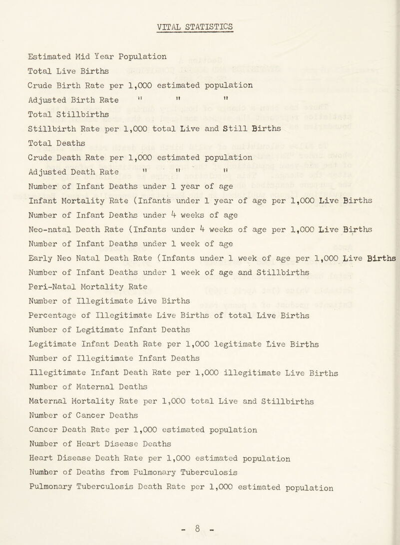 VITAL STATISTICS Estimated Mid Year Population Total Live Births Crude Birth Rate per 1,000 estimated population Adjusted Birth Rate n ” Total Stillbirths Stillbirth Rate per 1,000 total Live and Still Births Total Deaths Crude Death Rate per 1,000 estimated population Adjusted Death Rate n ,? n Number of Infant Deaths under 1 year of age Infant Mortality Rate (Infants under 1 year of age per 1,000 Live Births Number of Infant Deaths under 4 weeks of age Neo-natal Death Rate (Infants under 4 weeks of age per 1,000 Live Births Number of Infant Deaths under 1 week of age Early Neo Natal Death Rate (Infants under 1 week of age per 1,000 Live Births Number of Infant Deaths under 1 week of age and Stillbirths Peri-Natal Mortality Rate Number of Illegitimate Live Births Percentage of Illegitimate Live Births of total Live Births Number of Legitimate Infant Deaths Legitimate Infant Death Rate per 1,000 legitimate Live Births Number of Illegitimate Infant Deaths Illegitimate Infant Death Rate per 1,000 illegitimate Live Births Number of Maternal Deaths Maternal Mortality Rate per 1,000 total Live and Stillbirths Number of Cancer Deaths Cancer Death Rate per 1,000 estimated population Number of Heart Disease Deaths Heart Disease Death Rate per 1,000 estimated population Numher of Deaths from Pulmonary Tuberculosis Pulmonary Tuberculosis Death Rate per 1,000 estimated population