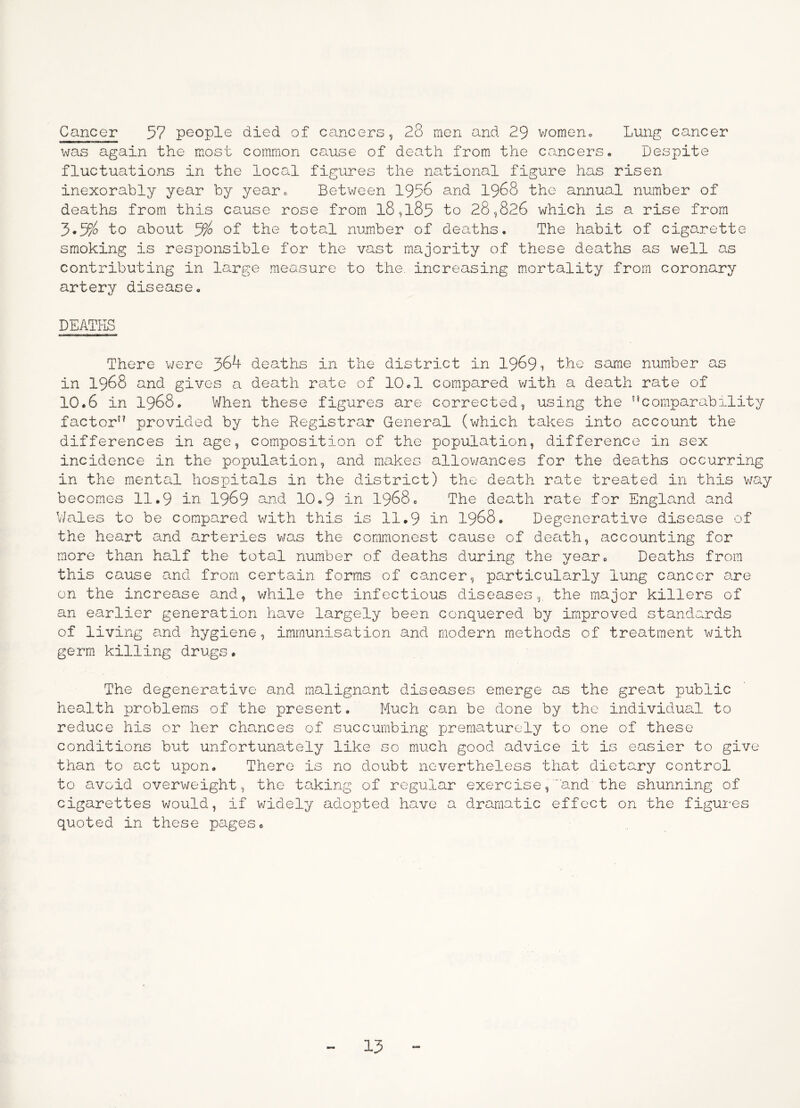 Cancer 57 people died of cancers, 28 men and 29 v/omen= Lung cancer was again the most common cause of death from the cancers. Despite fluctuations in the local figures the national figure has risen inexorably year by year.. Between 1956 and I968 the annual number of deaths from this cause rose from l8,l85 to 28,826 which is a rise from 3*5% to about y/o of the total number of deaths. The habit of cigarette smoking is responsible for the vast majority of these deaths as well as contributing in large measure to the. increasing m.ortality from coronary artery disease, DEATI-IS There v^ere 364 deaths in the district in 1969^ the same number as in 1968 and gives a death rate of 10,1 compared v/ith a death rate of 10,6 in 1968, When these figures are corrected, using the '’comparability factor provided by the Registrar General (which takes into account the differences in age, composition of the population, difference in sex incidence in the population, and makes allov/ances for the deaths occurring in the mental hospitals in the district) the death rate treated in this v/ay becomes 11,9 in I969 and 10,9 in 1968, The death rate for England and V/ales to be compared with this is 11,9 in I968, Degenerative disease of the heart and arteries was the commonest cause of death, accounting for more than half the total number of deaths during the year. Deaths from this cause and from certain forms of cancer, particularly lung cancer are on the increase and, while the infectious diseases, the major killers of an earlier generation have largely been conquered by improved standards of living and hygiene, immunisation and modern methods of treatment with germ killing drugs, The degenerative and malignant diseases emerge as the great public health problems of the present. Much can be done by the individual to reduce his or her chances of succumbing X-^nematurely to one of these conditions but unfortunately like so much good advice it is easier to give than to act upon. There is no doubt nevertheless that dietary control to avoid overweight, the taking of regular exercise,and the shunning of cigarettes would, if widely adopted have a dramatic effect on the figures quoted in these pages.