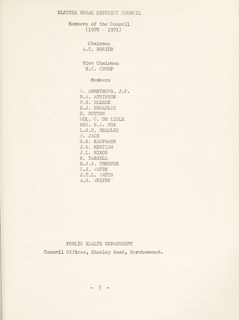 Members of the Council (1970 - 1971) Chairman A.T. ROSIER Vice Chairman R.C. CRUMP Members A. ARMSTRONG, J,P. R.A. ATKINSOM F. H. BLEEZE E.J. BROADLEY D. BUTTON COL. C. DE LISLE MRS. E.A. FOX L.S.H. HEADLEY VL JACK G. H. KAUFMANN JAL KENTISH J.L. NIXON H. TASSELL E. J.J. TREEVES C.J. WATTS J.T.L. WATTS A.G. WHITBY PUBLIC HEALTH DEPARTMENT Council Offices, Shenley Road, Borehamwood*