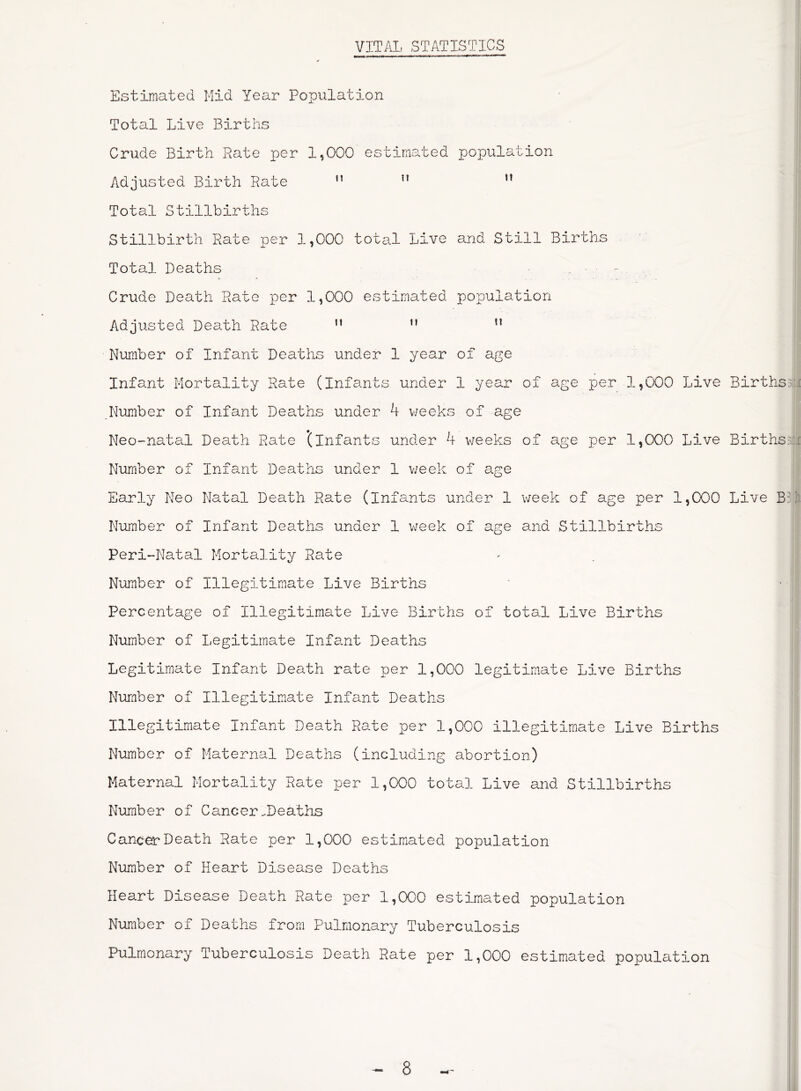 VITAL STATISTICS Estimated Mid Year Population Total Live Births Crude Birth Rate per 1,000 estimated population Adjusted Birth Rate n n u Total Stillbirths | Stillbirth Rate per 1,000 total Live and Still Births Total Deaths - 1 Crude Death Rate per 1,000 estimated population Adjusted Death Rate M n n Number of Infant Deaths under 1 year of age Infant Mortality Rate (Infants under 1 year of age per 1,000 Live Births Number of Infant Deaths under 4 weeks of age Neo-natal Death Rate ’(Infants under 4 weeks of age per 1,000 Live Births.; Number of Infant Deaths under 1 week of age Early Neo Natal Death Rate (Infants under 1 week of age per 1,000 Live B ' Number of Infant Deaths under 1 week of age and Stillbirths Peri-Natal Mortality Rate - I Number of Illegitimate Live Births Percentage of Illegitimate Live Births of total Live Births Number of Legitimate Infant Deaths Legitimate Infant Death rate per 1,000 legitimate Live Births Number of Illegitimate Infant Deaths Illegitimate Infant Death Rate per 1,000 illegitimate Live Births Number of Maternal Deaths (including abortion) . Maternal Mortality Rate per 1,000 total Live and Stillbirths Number of Cancer.Deaths Cancer Death Rate per 1,000 estimated population Number of Heart Disease Deaths j Heart Disease Death Rate per 1,000 estimated population Number of Deaths from Pulmonary Tuberculosis Pulmonary Tuberculosis Death Rate per 1,000 estimated population