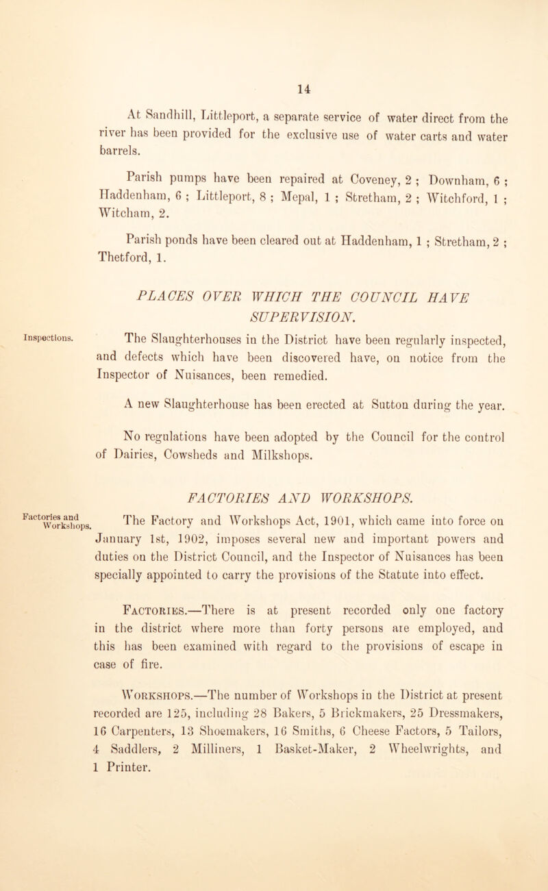 Inspections. Factories and Workshops. At Sandhill, Littleporfc, a separate service of water direct from the river has been provided for the exclusive use of water carts and water barrels. Parish pumps have been repaired at Coveney, 2 ; Downham, 6 ; Haddenham, 6 ; Littleport, 8 ; Mepal, 1 ; Stretham, 2 ; Witchford, 1 ; Witcham, 2. Parish ponds have been cleared out at Haddenham, 1 ; Stretham, 2 ; Thetford, 1. PLACES OVER WHICH THE COUNCIL HAVE SUPERVISION. The Slaughterhouses in the District have been regularly inspected, and defects which have been discovered have, on notice from the Inspector of Nuisances, been remedied. A new Slaughterhouse has been erected at Sutton during the year. No regulations have been adopted by the Council for the control of Dairies, Cowsheds and Milkshops. FACTORIES AND WORKSHOPS. The Factory and Workshops Act, 1901, which came into force on January 1st, 1902, imposes several new and important powers and duties on the District Council, and the Inspector of Nuisances has been specially appointed to carry the provisions of the Statute into effect. Factories.—There is at present recorded only one factory in the district where more than forty persons are employed, and this has been examined with regard to the provisions of escape in case of fire. Workshops.—The number of Workshops in the District at present recorded are 125, including 28 Bakers, 5 Bookmakers, 25 Dressmakers, 16 Carpenters, 13 Shoemakers, 16 Smiths, 6 Cheese Factors, 5 Tailors, 4 Saddlers, 2 Milliners, 1 Basket-Maker, 2 Wheelwrights, and 1 Printer.