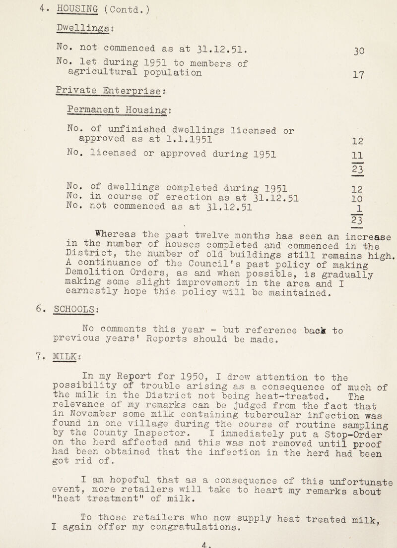 4. HOUSING (Contd.) I>wellinf2:s j '■i ■ ^1 No. not commenced as at 31.12.51. No. let during 1951 to members of agricultural population Private Enterprise; Permanent Housing; No. of unfinished dwellings licensed or approved as at 1.1.1951 No. licensed or approved during 1951 No. of dv/ellings completed during 1951 No. in course of erection as at 31.12.51 No. not commenced as at 31.12.51 Whereas the past twelve months has seen an increase in the number of houses completed and commenced in the Pistrict5 the number of old buildings still remains high. A continuance of the Council's past policy of making Pemolition Orders, as and when possible, is gradually making some slight improvement in the area and I earnestly hope this policy \vill be maintained. 6. SCHOOLS; No comments this year - but reference baei to previous years' Reports should be made. 7. MILK; 30 17 12 11 23 12 10 _1 23 In my Report for 1950, I drew attention to the possibility of trouble arising as a consequence of much of the milk in the Pistrict not being heat-treated. The relevance of my remarks can be judged from the fact that in November some milk containing tubercular infection was found in one village during the course of routine sampling by the County Inspector. I immediately put a Stop-Order on the herd affected and this was not removed until proof had been obtained that the infection in the herd had been got rid of. I am hopeful that as a consequence of this unfortunate event, more retailers will take to heart my remarks about heat treatment of milk. To those retailers who now supply heat treated milk I again offer my congratulations. ’