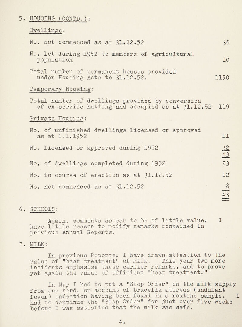 Dwellings g. No. not commenced as at 31.12.52 36 No. let during 1952 to members of agricultural population Total number of permanent houses provided under Housing Acts to 31.12.52. Temporary Housings Total number of dwellings provided by conversion of ex-service hutting and occupied as at 31*12.52 Private Housing? No. of unfinished dwellings licensed or approved as at 1.1.1952 No, licensed or approved during 1952 No. of dwellings completed during 1952 No. in course of erection as at 31-12.52 No. not commenced as at 31»12.52 10 1150 119 11 12 £3 23 12 __8 43 6. SCHOOLS; Again, eomments appear to be of little value have little reason to modify remarks contained in previous Annual Reports. 7. MILK; In previous Reports, I have drawn attention to the value of heat treatment of milk. This year two more incidents emphasise these earlier remarks, and to prove yet again the value of efficient heat treatment. In May I had to put a Stop Order on the milk supply from one herd, on account of brucella abortus (undulant fever) infection having been found in a routine sample. I had to continue the Stop Order for just over five weeks before I was satisfied that the milk was safe. 4.