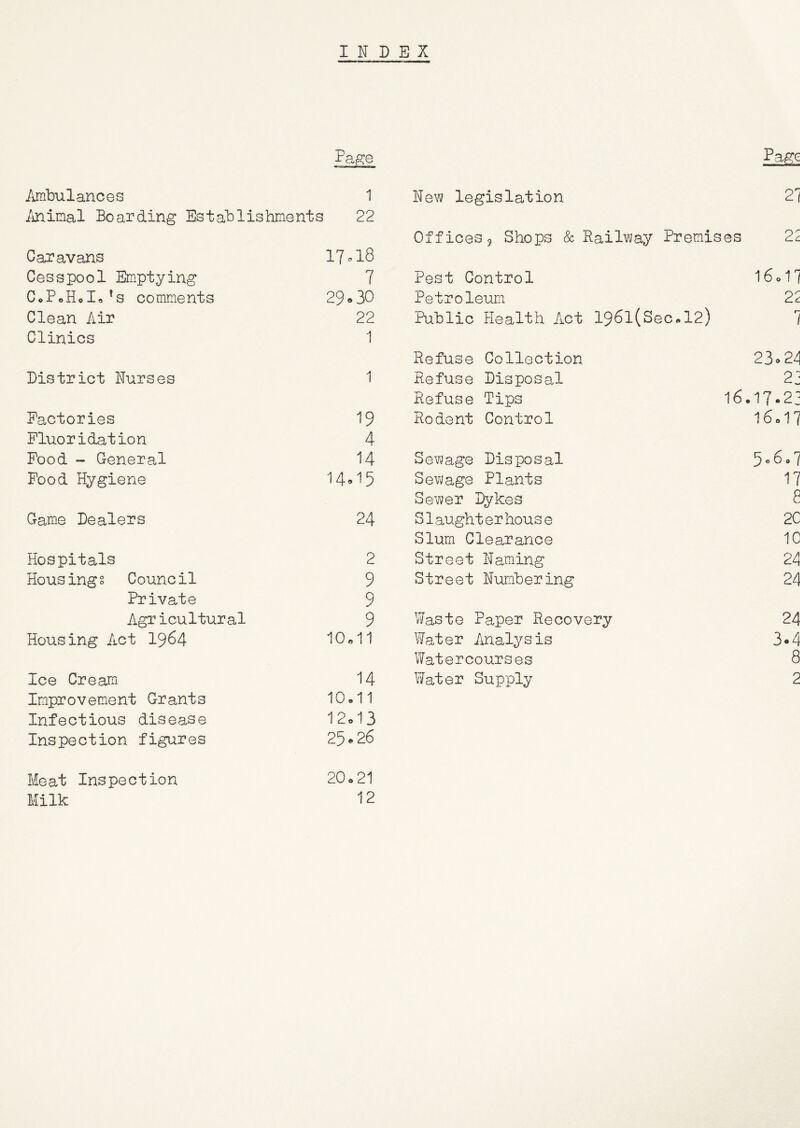 INDEX Pa^e Page Ambulances 1 /inimal Boarding Establishments 22 Caravans 17-18 Cesspool Emptying 7 CoPoHoI,^s comments 29«30 Clean Air 22 Clinics 1 District Nurses 1 Factories 19 Fluoridation 4 Food - General 14 Pood Hygiene 14»15 Gam*e Dealers 24 Hospitals Housings Council Private Agricultural Housing Act I964 2 9 Q 9 10«11 Ice Creami 14 Improvement Grants 10*11 Infectious disease 12«13 Inspection figures 25*26 Meat Inspection 20*21 Milk 12 New legislation 21 Offices 5 Shops & Railway Premises 22 Pest Control 16017 Petroleum. 22 Public Health Act 196l(Secal2) 1 Refuse Collection 23*24 Refuse Disposal 2j Refuse Tips l6*17*2j Rodent Control 16*17 Sewage Disposal 5®8o7 Sewage Plants 17 Se?;er Dykes 8 Slaughterhouse 20 Slum Clearance 10 Street Naming 24 Street Numbering 24 Waste Paper Recovery 24 Water Analysis 3*4 Watercourses 8 Water Supply 2