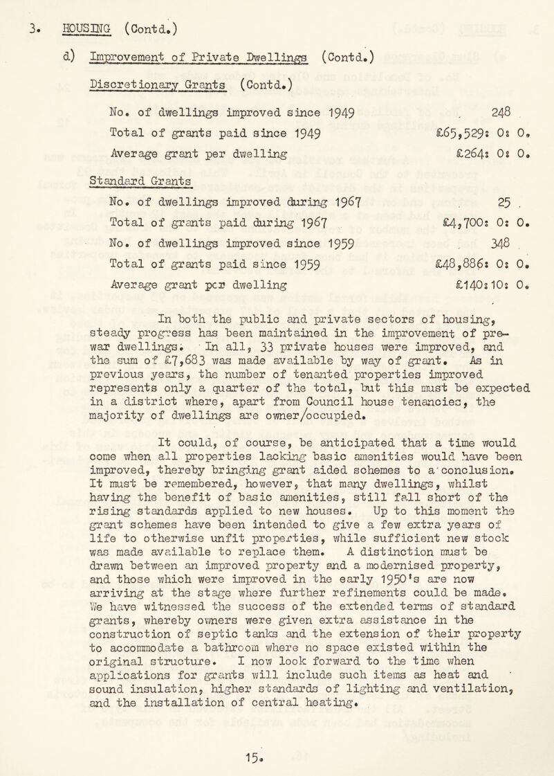 d) Improvement of Private Dwellintg:3 (Contd*) Discretionary Grants (Contd*) No* of dwellings improved since 1949 Total of grants paid since 1949 Average grant per dwelling Standard G-rants No. of dwellings improved during 19^7 Total of grants paid during 19^7 No. of dwellings improved since 1959 Total of grants paid since 1959 Average grant per dwelling 248 £65>5295 Os 0, £264* Os 0. 25 . £4,7005 Os 0, 348 . £48,886$ Os 0, £140s10s 0. In Doth the public and private sectors of housingj steady progress has been maintained in the improvement of pre- war dwellings; • In all9 33 private houses were improved, and the sum of £7,683 was made available by way of grant. As in previous years, the number of tenanted properties dnproved represents only a quarter of the total, but this must be expected in a district where, apart from Council house tenancies, the majority of dwelling's are owner/occupied. It could, of course, be anticipated that a time would come when all properties lacking basic amenities would have been improved, thereby bringing grant aided schemes to a'conclusion. It must be remembered, however, that many dwellings, whilst having the benefit of basic amenities, still fall short of the rising standards applied to new houses. Up to this moment the grant schemes have been intended to give a few extra years of life to otherwise unfit properties, while sufficient new stock was made available to replace them. A distinction must be drawn between an improved property and a modernised property, and those which were improved in the early 1950*s are now arriving at the stage where further refinements could be made. V/e have witnessed the success of the extended terms of standard grants, whereby owners were given extra assistance in the construction of septic tanks and the extension of their property to accommodate a bathroom where no space existed within the original structure. I now look forward to the time when applications for grants Yjill include such items as heat and sound insulation, higher standards of lighting and ventilation, and the installation of central heating.