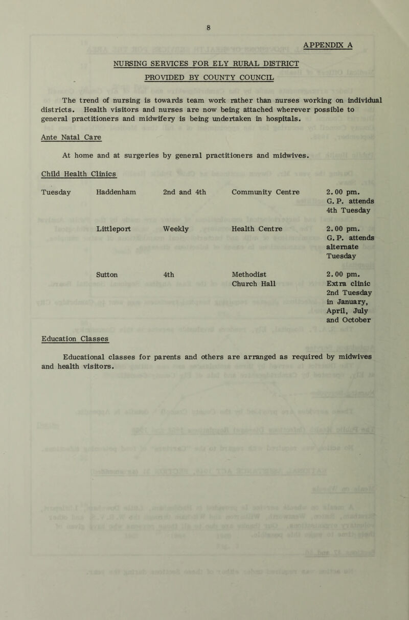 APPENDIX A NURSING SERVICES FOR ELY RURAL DISTRICT PROVIDED BY COUNTY COUNCIL The trend of nursing is towards team work rather than nurses working on individual districts. Health visitors and nurses are now being attached wherever possible to general practitioners and midwifery is being undertaken in hospitals. Ante Natal Care At home and at surgeries by general practitioners and midwives. Child Health Clinics Tuesday Haddenham 2nd and 4th Commvinity Centre Littleport Weekly Health Centre Sutton 4th Methodist Church Hall 2. 00 pm. G. P. attends 4th Tuesday 2.00 pm. G. P. attends alternate Tuesday 2. 00 pm. Extra clinic 2nd Tuesday in January, April, July and October Education Classes Educational classes for parents and others are arranged as required by midwives and health visitors.