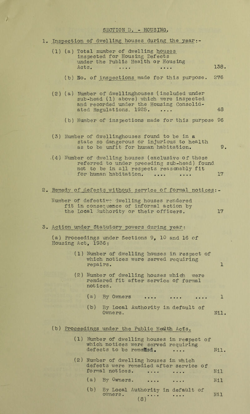 SECTION D. - HOUSING. 1. Inspection of dwelling houses durinp; the year; - (1) (a) Total number of dwelling houses inspected for Housing Defects under the Public Health or Housing Acts. .... .... 138. (b) No. of inspections made for this purpose. 276 (2) (a) Number of dwellinghouses (included under sub-head (1) above) v/hich were inspected and recorded under the Housing Consolid- ated Regulations.. 1925. .... 48 (b) Number of inspections made for this purpose 96 (3) Number of dvvrsllinghouses found to be in a state so dangerous or injurious to health as to be unfit for human habitation. 9, .(4) Number of dwelling houses (exclusive of those referred to under preceding sub-head) found not to be in all respects reasonably fit for human habitation .... 17 2. Remedy of .defects without service of formal notices;- Number of defective dv/elling houses rendered fit in consequence of informal action by the Local Authority or their officers. 17 3. Action 'under Statutory powers during year; (a) Proceedings under Sections 9, 10 and 16 of Housing Act, 1936; (1) Number of dwelling houses in respect of which notices were served requiring repairs. 1 (2) Number of dwelling houses which were rendered fit after service of formal not ices. (a) By Owners .... .... .... 1 (b) By Local Authority in default of Ovmers. Nil. (b) Proceedings under the Public Health Acts. (1) Number of dvirelling houses in respect of which notices were served requiring defects to be remecSsd, .... Nil. (2) Number of dwelling houses in which defects were remedied after service of formal notices. .... .... Nil Bj Owners. .... .... Nil By Local Authority in default of ovners . (8) (a) (b) • • Nil
