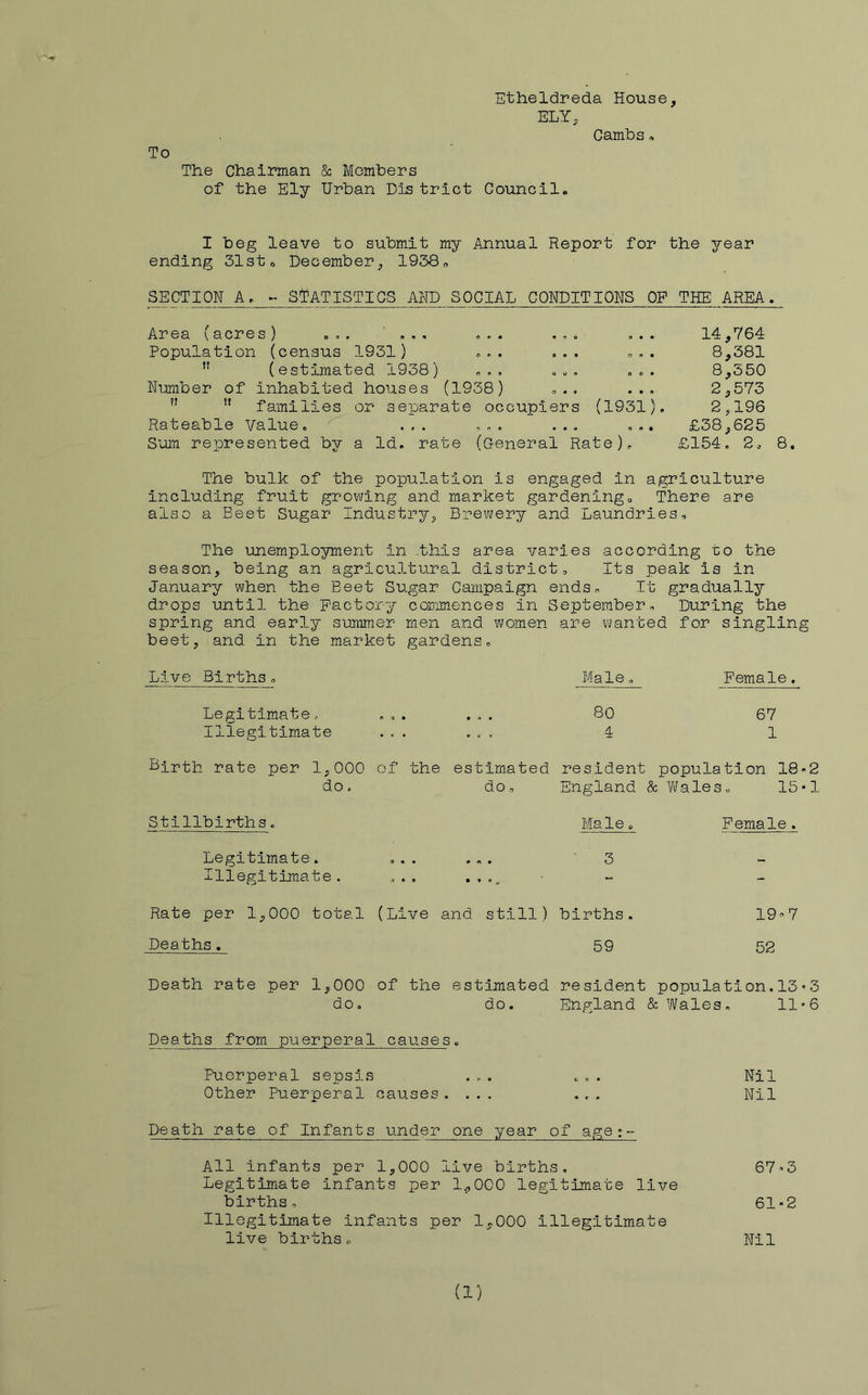 To Etheldreda House, ELY, Cambs The Chairman & Members of the Ely Urban Dis trict Council. I beg leave to submit my Annual Report for the year ending 31ste December, 1938„ SECTION A. - STATISTICS AND SOCIAL CONDITIONS OP THE AREA. Area (acres) o,. ,,, ... Population (census 1931) o., ... ” (estimated 1938) , „o. Number of Inhabited houses (1938) ... ” ” families or separate occupiers (1931), Rateable Value, ^ Sum represented by a Id. rate (Oeneral Rate), 14,764 8,381 8,350 2,573 2,196 £38,625 £154. 2, 8. The bulk of the population is engaged in agriculture Including fruit growing and market gardening. There are also a Beet Sugar Industry, Brewery and Laundries, The unemployment in .this area varies according to the season, being an agricultural district. Its peak is in January when the Beet Sugar Campaign ends. It gradually drops until the Factory commences in September, During the spring and early summer men and women are vs;anted for singling beet, and in the market gardens. Live Births. Male, Female. Legitimate. Illegitimate 80 67 4 1 Birth rate per 1,000 of the estimated resident population 18«2 do. do. England & Wales, 15•! Stillbirths, Male Legitimate. ... ... 3 Illegitimate. ... ., Rate per 1,000 total (Live and still) births. Deaths. 59 Female, 19^7 52 Death rate per 1,000 do, of the estimated do. resident population.13♦3 England &Vi/ales. 11'6 Deaths from puerperal causes. Nil Nil Puerperal sepsis Other Puerperal causes. ... Death rate of Infants under one year of age;- All Infants per 1,000 live births, 67-3 Legitimate infants per 1,,000 legitimate live births, 61*2 Illegitimate infants per 1,000 illegitimate live births. Nil (1)