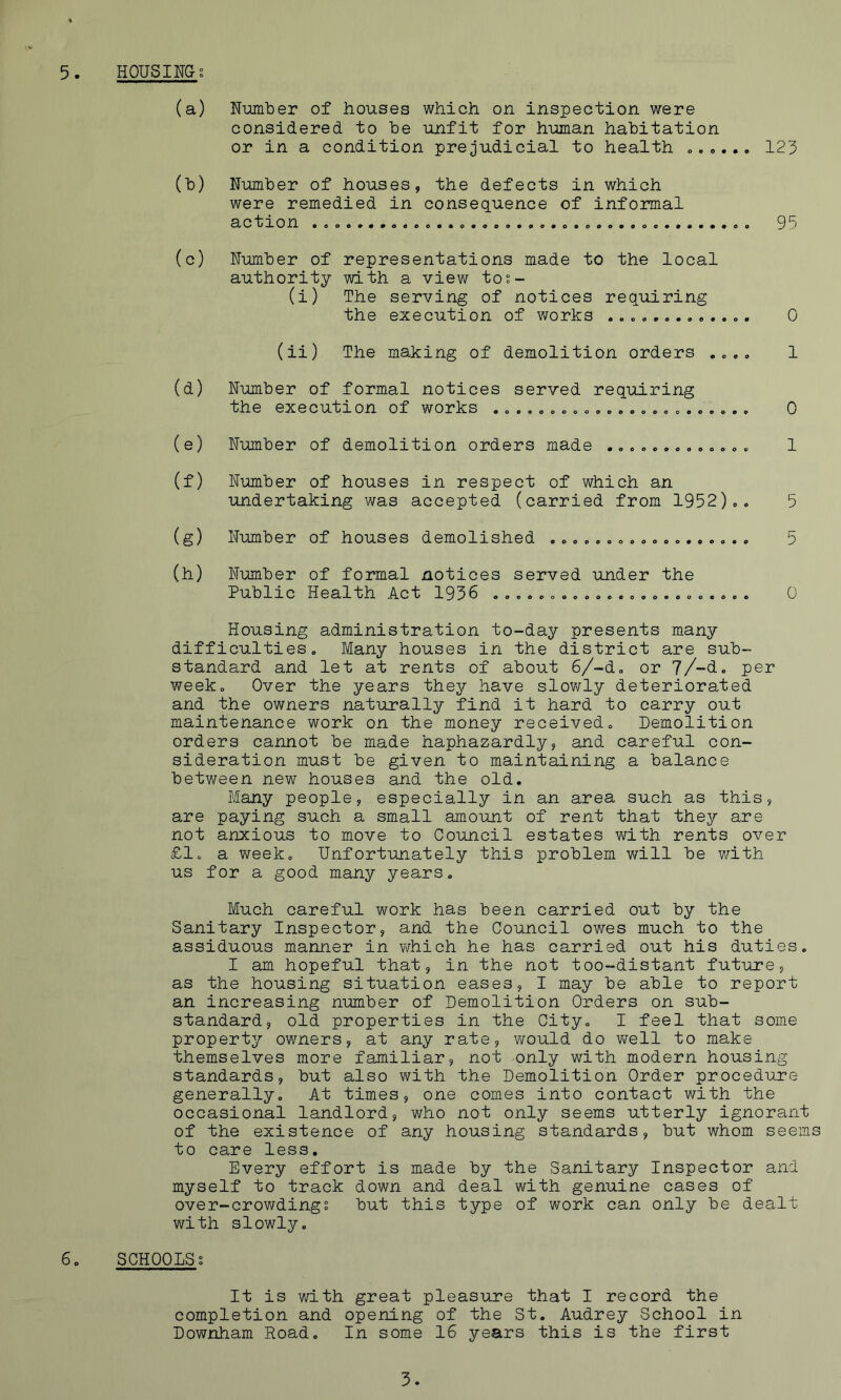 5. HOUSING« (a) N-umber of houses which on inspection were considered to be unfit for human habitation or in a condition prejudicial to health 123 (b) Number of houses, the defects in which were remedied in consequence of informal action o...., o 95 (c) Number of representations made to the local authority with a view tos- (i) The serving of notices requiring the execution of works 0 (ii) The making of demolition orders 1 (d) Number of formal notices served requiring the execution of works oc. co oo, 0 (e) Number of demolition orders made ............. 1 (f) Number of houses in respect of which an undertaking was accepted (carried from 1952).. 5 (g) Number of houses demolished .................. 5 (h) Ninnber of formal notices served under the Public Health Act 1936 ....................... 0 Housing administration to-day presents many difficulties. Many houses in the district are sub- standard and let at rents of about 6/-d, or 7/-d. per week. Over the years they have slowly deteriorated and the owners naturally find it hard to carry out maintenance work on the money received. Demolition orders cannot be made haphazardly, and careful con- sideration must be given to maintaining a balance between new houses and the old. Many people, especially in an area such as this, are paying such a small amount of rent that they are not anxious to move to Council estates with rents over £1. a week. Unfortunately this problem will be with us for a good many years. Much careful work has been carried out by the Sanitary Inspector, and the Council owes much to the assiduous manner in which he has carried out his duties. I am hopeful that, in the not too-distant future, as the housing situation eases, I may be able to report an increasing number of Demolition Orders on sub- standard, old properties in the City. I feel that some property owners, at any rate, would do v/ell to make themselves more familiar, not only with modern housing standards, but also with the Demolition Order procedure generally. At times, one comes into contact with the occasional landlord, who not only seems utterly ignorant of the existence of any housing standards, but whom seems to care less. Every effort is made by the Sanitary Inspector and myself to track down and deal with genuine cases of over-crowdings but this type of work can only be dealt with slowly. 6. SCHOOLSs It is v;ith great pleasure that I record the completion and opening of the St. Audrey School in Downham Road. In some 16 years this is the first