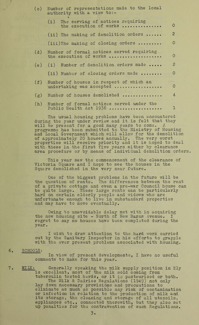 (c) Number of representations made to the local authority with a view tos- (i) The serving of notices requiring the execution of works ............... 0 (ii) The making of demolition orders ...... 2 (iii) The making of closing orders ......... 0 (d) ITumher of formal notices served requiring the execution of works .................... 0 (e) (i) Number of demolition orders made ..... 2 (ii) Number of closing orders made ........ 0 (f) Number of houses in respect of which an undertaking was accepted .................. 0 (g) Number of houses demolished ............... 4 (h) Number of formal notices served under the Public Health Act 1936 .................... 1 The usual housing problems have been encountered during the year under review and it is felt that they will be' present for a good many years to come. A programme has been submitted to the Ministry of Housing and Local G-overnment which will allow for the demolition of approximately 20 houses annually. The very worst properties will receive priority and it is hoped to deal with these in the first five years either by clearance area procedure or by means of individual demolition orders. This year saw the commencement of the clearance of Victoria Square and I hope to see the houses in the Squ&re demolished in the very near future. One of the biggest problems in the future will be the question of rents. The differences between the rent of a private cottage and even a pre-war Council house can be quite large. These large rents can be particularly hard on certain elderly people.and widows who are unfortunate enough to live in substandard properties and may have to move eventually. Owing to unavoidable delay met with in acquiring the new housing site - North of New Barns Avenue. I regret to say no houses have been completed during the year. I wish to draw attention to the hard work carried out by the Sanitary Inspector in his efforts to grapple with the ever present problems associated with housing. 6. SCHOOLS g In view of present developments, I have no useful comments to make for this year. 7. WllKi Generally speaking the milk supply position in Ely is excellent, most of the milk sold coming from tuberculin tested herds, or it io pasteurised or both. The Milk & Dairies Regulations (1949) not only lay down necessary provisions and precautions to eliminate as much as possible any risk of contamination or infection in relation to the production of milk and its storage, the cleaning and storage of all utensils, appliances etc., connected therewith, but they also set up penalties for the contravention of such Regulations.