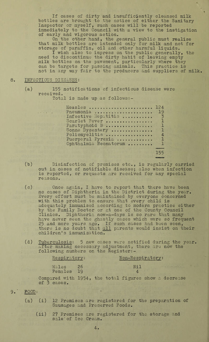 If cases of dirty and insufficiently cleansed milk dottles are brought to the notice of either the Sanitary Inspector or myself, such cases will be reported immediately to the Council with a view to the instigation of early and vigorous action. On the other hand, the general public must realise that.milk bottles are intended only for milk and not for storage of paraffin, oil and other harmful liquids. I wish also to impress on the public generally, the need to discontinue the dirty habit of leaving empty milk bottles on the pavement, particularly where they can be targets for passing animals. This practice is not in any way fair to the producers and suppliers of milk. 8. INFECTIOUS DISEASES; (a) 155 notifications of infectious disease were received. Total is made up as followsi- Measl 03 OOOGOOOOOQOOOQCCOOOO0CO 124 ■ . . Pneumonia ...... ........ ....... 19 Infective Hepatitis ........... 3 Scarlet Fever ................. 1 Paratyphoid B ................. 1 Sonne Dysentery ............... 1 Poliomyelitis ................. 4 Puerperal Pyrexia ............. 1 Ophthalmia Neonatorum ......... 1 155 (b) Disinfection of premises etc., is regularly carried out in cases of notifiable disease; also when infection is reported, or requests are received for any special reasons. (c) Once again, I have to report that there have been no cases of Diphtheria in the District during the year. Every effort must be maintained by everyone concerned with this problem to ensure that every child is adequately immunised according to modern practice either by the Family Doctor or at one of the County Council Clinics. Diphtheria now-a-days is so rare that many have never seen the ghastly cases which were so frequent 25 and more years ago. If such cases had been seen, there is no doubt that all parents would insist on their children's immunization. (d) Tuberculosisi 5 new cases were notified during the year. After making necessary adjustment, there are now the following numbers on the Registers- P.espiratory s Non-Re spiratory s Males 26 Nil Females 19 4 Compared with 1954? the total figures show a decrease of 3 cases. 9.' FOOD s • (a) (i) 12 Premises are registered for Sausages and Preserved Foods. the preparation of (ii) 27 Premises are registered for saleof Ice Cream. the storage and