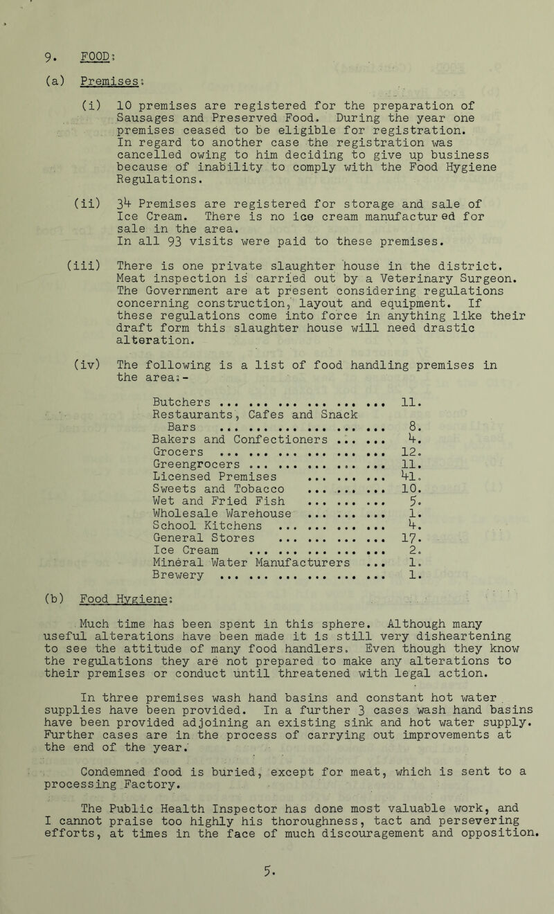 FOOD; 9. (a) Premises; (i) 10 premises are registered for the preparation of Sausages and Preserved Food. During the year one premises ceased to be eligible for registration. In regard to another case the registration was cancelled owing to him deciding to give up business because of inability to comply with the Food Hygiene Regulations. (ii) 3^ Premises are registered for storage and sale of Ice Cream. There is no ice cream manufactured for sale in the area. In all 93 visits were paid to these premises. (iii) There is one private slaughter house in the district. Meat inspection is carried out by a Veterinary Surgeon. The Government are at present considering regulations concerning cons true tion,' layout and equipment. If these regulations come into force in anything like their draft form this slaughter house will need drastic alteration. (iv) The following is a list of food handling premises in the area;- Butchers 11. Restaurants, Cafes and Snack Bars ... 8. Bakers and Confectioners ... ... b. Grocers . 12. Greengrocers ... 11. Licensed Premises *+l. Sweets and Tobacco ...... ... 10. Wet and Fried Fish 5» Wholesale Warehouse I. School Kitchens *+. General Stores 17- Ice Cream 2. Mineral Water Manufacturers ... 1. Brewery 1. (b) Food Hygiene; Much time has been spent in this sphere. Although many useful alterations have been made it is still very disheartening to see the attitude of many food handlers. Even though they know the regulations they are not prepared to make any alterations to their premises or conduct until threatened with legal action. In three premises wash hand basins and constant hot water . supplies have been provided. In a further 3 cases wash hand basins have been provided adjoining an existing sink and hot water supply. Further cases are in the process of carrying out improvements at the end of the year. Condemned food is buried, except for meat, which is sent to a processing Factory. The Public Health Inspector has done most valuable work, and I cannot praise too highly his thoroughness, tact and persevering efforts, at times in the face of much discouragement and opposition. 5-