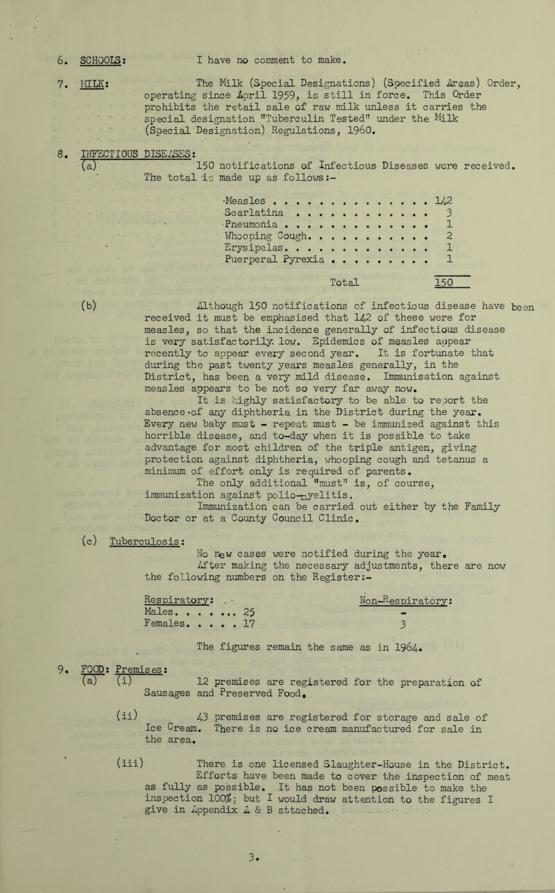 7. MILK: The Milk (Special Designations) (Specified Areas) Order, operating since April 1959, is still in force. This Order prohibits the retail sale of raw milk unless it carries the special designation Tuberculin Tested under the Milk (Special Designation) Regulations, I960. 8, n^T^CTious dise;ses-: (a) 150 notifications of Infectious Diseases were received. The total Ic made up as follows •Measles 142 Scarlatina 3 ■Pneumonia 1 I^^looping Cough 2 Erysipelas 1 Puerperal Pyrexia «... 1 Total 150 (b) Although 150 notifications of infectious disease have been received it must be emphasised that 142 of these were for measles, so that the incidence generally of infectious disease is very satisfactorily, low. Epidemics of measles appear recently to appear every second year. It is fortunate that during the past twenty years measles generally, in the District, has been a very .mild disease. Immunisation against measles appears to be not so very far away now. It is highly satisfactory to be able to report the absence'of any diphtheria in the District during the year. Every new baby must - repeat must - be immunized against this horrible disease, and to-day when it is possible to take advantage, for most children of the triple antigen, giving protection against diphtheria, ^^^hooping cough and tetanus a minimum of effort only is required of parents. The only additional must” is, of course, immunization against polio-nyelitis. Immunization can be carried out either by the Family Doctor or at a County Council Clinic. (c) Tuberculosis; No new cases were notified during the year, /ifter making the necessary adjustments, there are now the following numbers on the Register Respiratory: „ ^ Non-Respiratory: Males. 25 Females 17 3 The figures remain the same as in I964. 9. EOQD: Premises: (a) (i) 12 premises are registered for the preparation of Sausages and Preseryed Food, (ii) 43 premises are registered for storage and sale of Ice Cream, There is no ice cream manufactured for sale in the area, (iii) There is one licensed Slaughter-House in the District, Efforts have been made to cover the inspection of meat as fully as possible. It has not been possible to make the inspection lOO^j but I would draw attention to the figures I give in Appendix A & B attached, . .. .i- . ■ 3