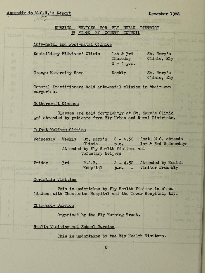 Appendix to M.O.H.'s Report December 1968 NURSING ERVICES FOR ELY URBAN DISTRICT g TIDED BY COUNTY COUNCIL Ante-natal and Post-natal Clinics Domiciliary Midwives' Clinic 1st & 3rd Thursdajr 2-4 p.m. St. Mary's Clinic, Ely Grange Maternity Home Weekly St. Mary's Clinic, Ely General Practitioners hold ante-natal clinics in their own surgeries. Mothercraft Classes Classes are held fortnightly at St. Mary's Clinic and attended hy patients from Ely Urban and Rural Districts. Infant Welfare Clinics Wednesday Weekly St. Mary's 2 - 4.30 Clinic p.m. Asst. M.O. attends 1st & 3rd Wednesdays Attended by Ely Health Visitors voluntary helpers and Friday 3rd R.A.F. 2 - 4.30 Hospital p.m. j . Attended by Health Visitor from Ely Geriatric Visiting This is undertaken by Ely Health Visitor in close liaison with Chesterton Hospital and the Tower Hospital, Ely. Chiropody Service Organised by the Ely Nursing Trust. Health Visiting and School Nursing This is undertaken by the Ely Health Visitors.