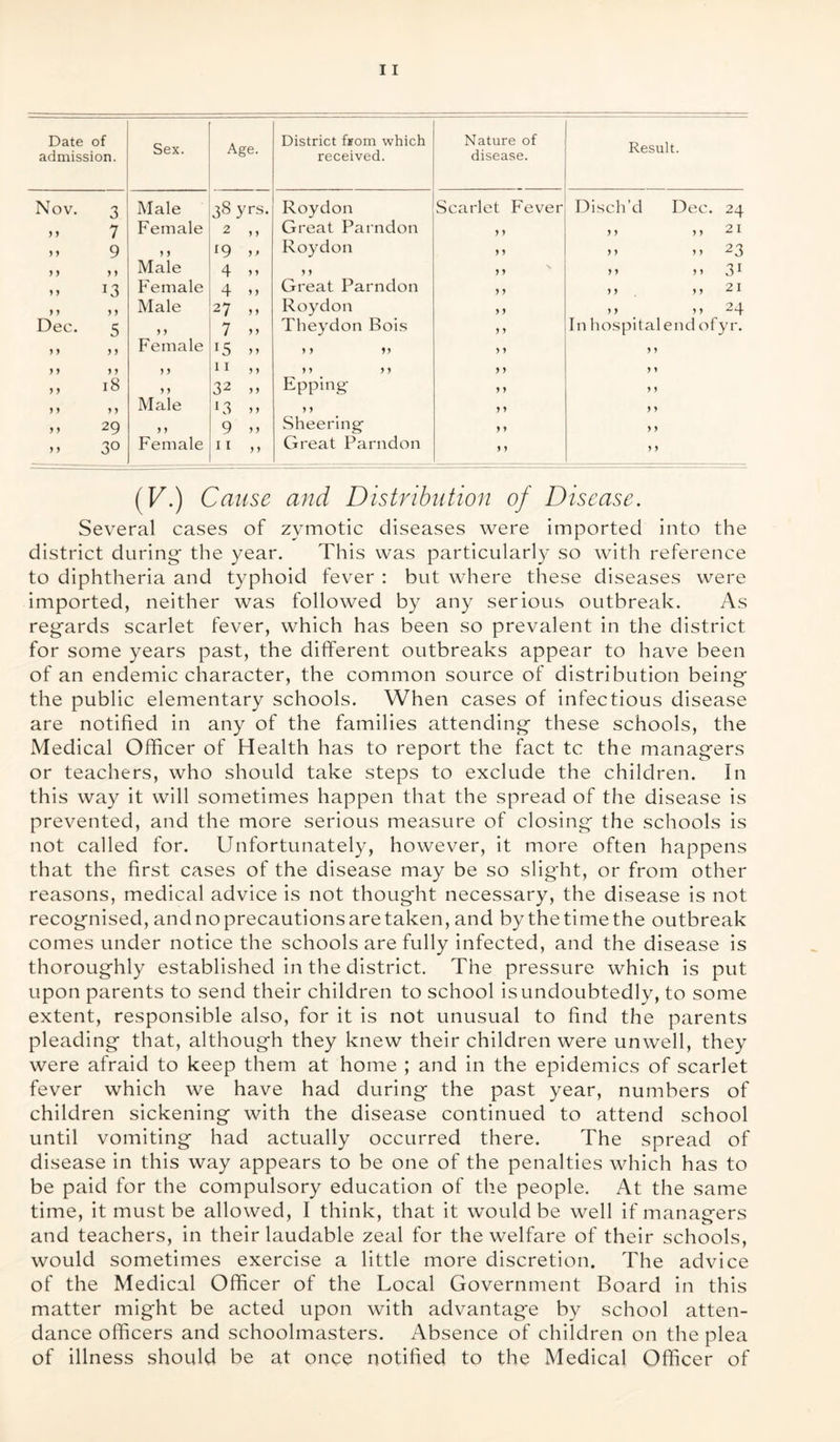 Date of admission. Sex. Age. District from which received. Nature of disease. Result. Nov, 3 Male 38 y rs. Roydon Scarlet Fever Di.sch'd Dec. 24 ) J 7 Female 2 y y Great Parndon y y n M 21 1 5 9 y y 19 y y Roydon y y M M 23 ) ) y y Male 4 y y y y y y M 31 ? ) Female 4 y y Great Parndon y y j > >) 21 ) J y y Male 27 y y Roydon } y yy yy 24 Dec. 5 y y 7 y y Theydon Bois y y In hospital end ofyr. 1 y )) Female 15 y y ) y yy > y ) y y y )) ) y 11 y y yy yy y y y y y y 18 y 32 y y Epping y y y y y y y y Male 13 y y ) y y y y y y y 29 ) y 9 y y Sheering y y y y y y 30 Female 11 y y Great Parndon y y y (f^-) Cause and Distribution of Disease. Several cases of zymotic diseases were imported into the district during the year. This was particularly so with reference to diphtheria and typhoid fever ; but where these diseases were imported, neither was followed by any serious outbreak. As regards scarlet fever, which has been so prevalent in the district for some years past, the different outbreaks appear to have been of an endemic character, the common source of distribution being the public elementary schools. When cases of infectious disease are notified in any of the families attending these schools, the Medical Officer of Health has to report the fact tc the managers or teachers, who should take steps to exclude the children. In this way it will sometimes happen that the spread of the disease is prevented, and the more serious measure of closing the schools is not called for. Unfortunately, however, it more often happens that the first cases of the disease may be so slight, or from other reasons, medical advice is not thought necessary, the disease is not recognised, and no precautions are taken, and by the time the outbreak comes under notice the schools are fully infected, and the disease is thoroughly established in the district. The pressure which is put upon parents to send their children to school is undoubtedly, to some extent, responsible also, for it is not unusual to find the parents pleading that, although they knew their children were unwell, they were afraid to keep them at home ; and in the epidemics of scarlet fever which we have had during the past year, numbers of children sickening with the disease continued to attend school until vomiting had actually occurred there. The spread of disease in this way appears to be one of the penalties which has to be paid for the compulsory education of the people. At the same time, it must be allowed, I think, that it would be well if managers and teachers, in their laudable zeal for the welfare of their schools, would sometimes exercise a little more discretion. The advice of the Medical Officer of the Local Government Board in this matter might be acted upon with advantage by school atten- dance officers and schoolmasters. Absence of children on the plea of illness should be at once notified to the Medical Officer of
