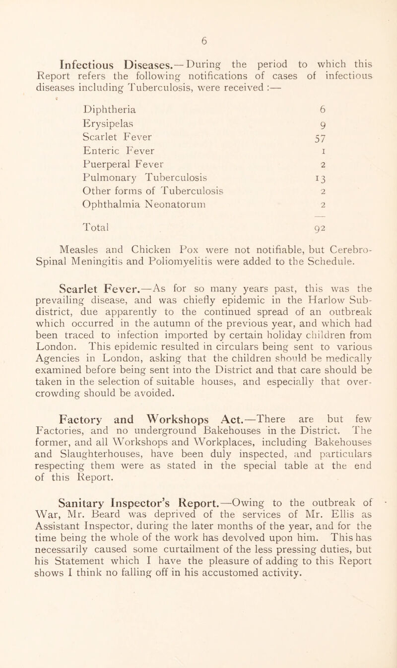 Infectious Diseases.—During the period to which this Report refers the following notifications of cases of infectious diseases including Tuberculosis, were received :— Diphtheria 6 Erysipelas 9 Scarlet Fever 57 Enteric Fever i Puerperal Fever 2 Pulmonary Tuberculosis 13 Other forms of Tuberculosis 2 Ophthalmia Neonatorum 2 Total 92 Measles and Chicken Pox were not notifiable, but Cerebro- Spinal Meningitis and Poliomyelitis were added to the Schedule. Scarlet Fever.—As for so many years past, this was the prevailing disease, and was chiefly epidemic in the Harlow Sub- district, due apparently to the continued spread of an outbreak which occurred in the autumn of the previous year, and which had been traced to infection imported by certain holiday cliildren from London. This epidemic resulted in circulars being sent to various Agencies in London, asking that the children should be medically examined before being sent into the District and that care should be taken in the selection of suitable houses, and especially that over- crowding should be avoided. Factory and Workshops Act.—There are but few PMctories, and no underground Bakehouses in the District. The former, and all Workshops and Workplaces, including Bakehouses and Slaughterhouses, have been duly inspected, and particulars respecting them were as stated in the special table at the end of this Report. Sanitary Inspector’s Report.—Owing to the outbreak of War, Mr. Beard was deprived of the services of Mr. Ellis as Assistant Inspector, during the later months of the year, and for the time being the whole of the work has devolved upon him. This has necessarily caused some curtailment of the less pressing duties, but his Statement which I have the pleasure of adding to this Report shows I think no falling off in his accustomed activity.