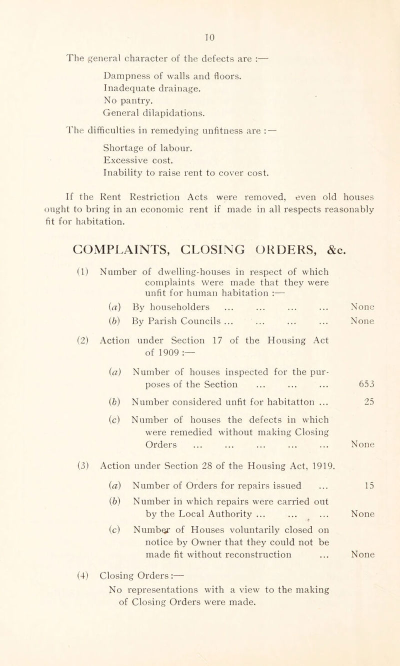 The general character of the defects are :— Dampness of walls and floors. Inadequate drainage. No pantry. General dilapidations. The difficulties in remedying unfitness are : — Shortage of labour. Excessive cost. Inability to raise rent to cover cost. If the Rent Restriction Acts were removed, even old houses ought to bring in an economic rent if made in all respects reasonably fit for habitation. COMPLAINTS, CLOSING ORDERS, &c. (1) Number of dwelling-houses in respect of which complaints were made that they were unfit for human habitation :— {a) By householders ... ... ... ... None (b) By Parish Councils ... ... ... ... None (2) Action under Section 17 of the Housing Act of 1909 :— (a) Number of houses inspected for the pur- poses of the Section ... ... ... 653 (b) Number considered unfit for habitatton ... 25 (c) Number of houses the defects in which were remedied without making Closing Orders ... ... ... ... ... None (3) Action under Section 28 of the Housing Act, 1919. (a) Number of Orders for repairs issued ... 15 (b) Number in which repairs were carried out by the Local Authority ... ... ... None (c) Number of Houses voluntarily closed on notice by Owner that they could not be made fit without reconstruction ... None (4) Closing Orders :— No representations with a view to the making of Closing Orders were made.