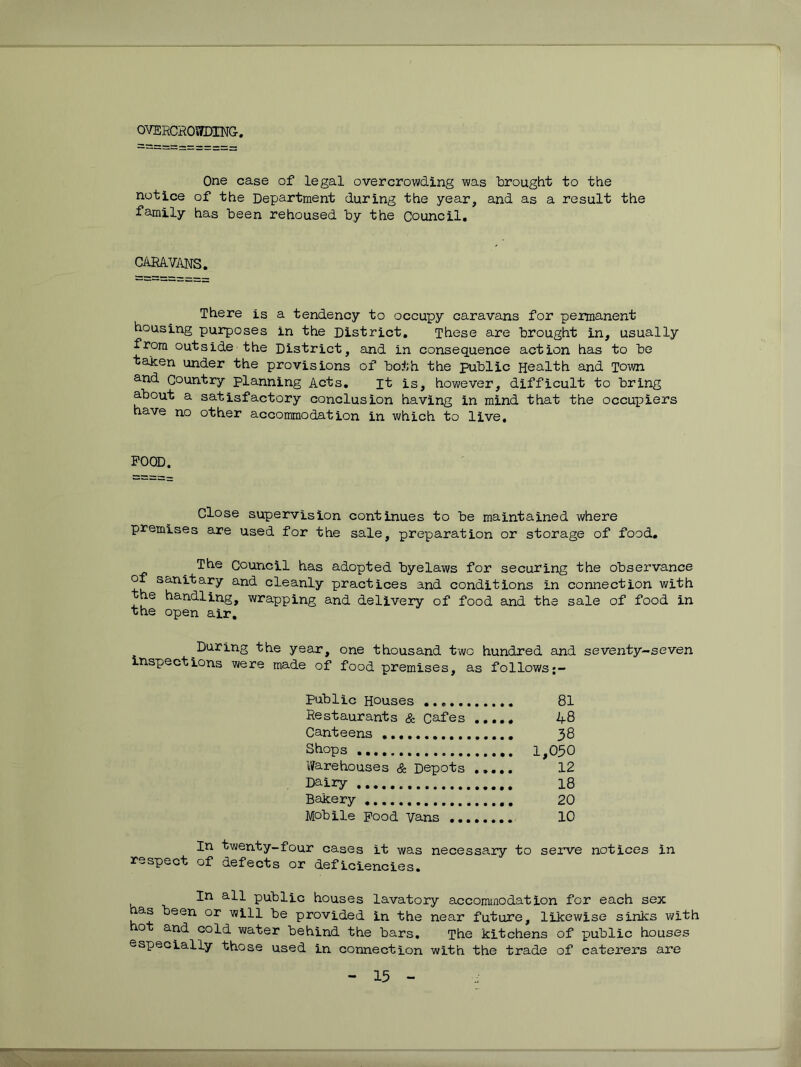 OVERCHOTOING. One case of legal overcrowding was brought to the notice of the Department during the year, and as a result the family has been rehoused by the Council, CARAVANS. There is a tendency to occupy caravans for peimanent housing puiposes in the District, These are brought in, usually from outside the District, and in consequence action has to be taken under the provisions of both the public Hoalth and Town and Country planning Acts, it is, however, difficult to bring about a satisfactory conclusion having in mind that the occupiers have no other accommodation in which to live. FOOD. Close supervision continues to be maintained where premises are used for the sale, preparation or storage of food, ^ The Council has adopted byelaws for securing the observance cleanly practices and conditions in connection with the handling, wrapping and delivery of food and the sale of food in the open air. During the year, one thousand two hundred and seventy-seven inspections were made of food premises, as follows Public Houses 81 Restaurants & Cafes 48 Canteens 38 Shops 1,030 Warehouses & Depots 12 r)airy 18 Bakery 20 Mobile Pood Vans 10 In twenty-four cases it was necessary to serve notices in respect of defects or deficiencies. In all public houses lavatory accommodation for each sex as been or will be provided in the near future, likewise sinks with hot and cold water behind the bars. The kitchens of public houses especially those used in connection with the trade of caterers are