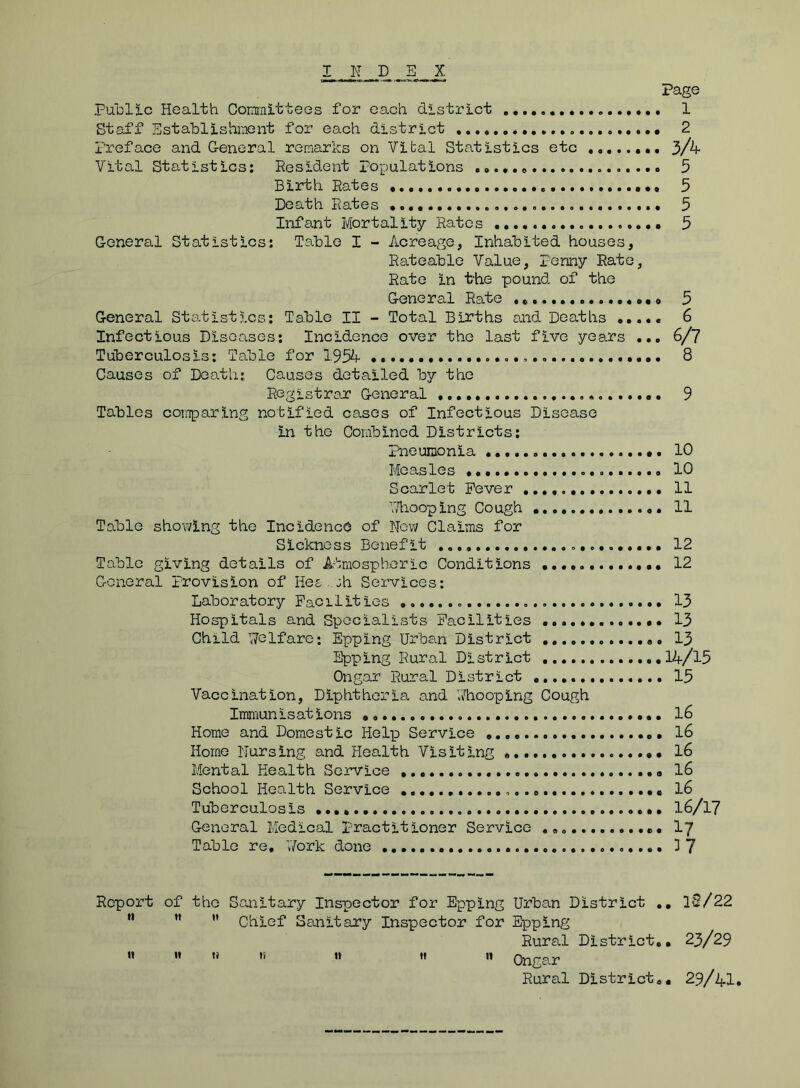 INDEX Page Public Health Coramlttees for each district 1 Staff Establishment for each district 2 Preface and General remarks on Vital Statistics etc 3/4 Vltal Statistics: Eesldent Populations 5 Birth Rates 5 Death Rates 3 Infant Mortality Ratos 5 General Statistics; Table I - Acreage, Inhabited houses. Rateable Value, Penny Rato, Rate In the pound of the General Rate 3 General Statistics; Table II - Total Births and Deaths ..... 6 Infectious Diseases; Incidence over the last five years ... 6/7 Tuberculosis; Table for 1934 8 Causes of Death: Causes detailed by the Registrar General 9 Tables comparing notified cases of Infectious Disease In the Combined Districts; Pneumonia 10 Measles 10 Scarlet Fever 11 Nhooplng Cough 11 Table showing the IncldencO of Now Claims for Sickness Benefit 12 Table giving details of Atmospheric Conditions ....«• 12 General Provision of Hea mh Services: Laboratory Pacillttes 13 Hospitals and Specialists Facilities 13 Child Nolfare; Epplng Urban District 13 Epplng Rural District 14/13 Ongar Rural District 13 Vaccination, Diphtheria and Nhooplng Cough Immunisations l6 Home and Domestic Help Service l6 Home Nursing and Health Visiting l6 Mental Health Service ..a 16 School Health Service l6 Tuberculosis l6/l7 General Medical practitioner Service ..... - 17 Table re. Nork done 37 Report of the Sanitary Inspector for Epplng Urban District ., 38/22 ” ”  Chief Sanitary Inspector for Epplng Rural District., 23/29 n H H li II 11 II Ontrar Rural District., 29/4I.