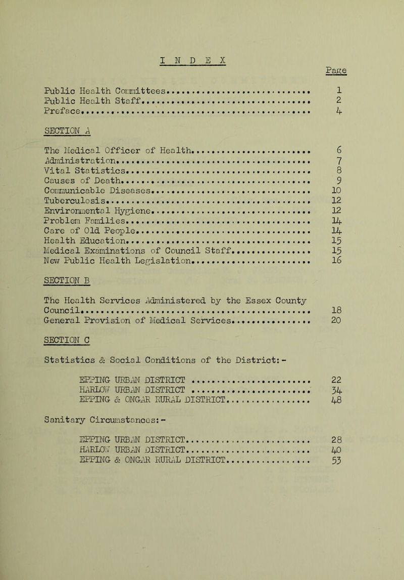 INDEX Page Public Health Cor.Tniittees 1 Public Health Staff 2 Preface* 4 SECTION 4 The Medical Officer of Health, 6 Administration 7 Vital Statistics 8 Causes of Death 9 Communicable Diseases. 10 Tuberculosis 12 Environmental Hygiene 12 Problem Families 14 Care of Old People 14 Health Education, 15 Medical Examinations of Council Staff., 15 New Public Health Legislation 16 SECTION B The Health Services Administered by the Essex County Council* 18 General Provision of Medical Services... 20 SECTION C Statistics & Social Conditions of the District;- ERRING UEB.W DISTRICT 22 HARLOW URBAN DISTRICT 54 EPPING & ONGAR RURAL DISTRICT. 48 Sanitary Circumstances:- EPPING URBAN DISTRICT 28 HARLOV; URBAN DISTRICT 40 EPPING & ONGAR RURAL DISTRICT 53