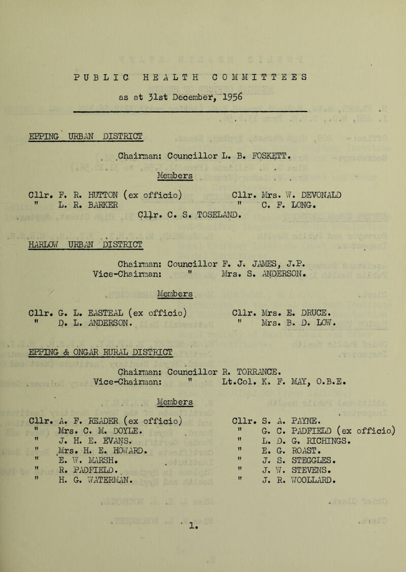 as at 31st December,“I956 EEPING* URB.W DISTEECT _Chairman; Councillor L. B. POSKETT. Members Cllr. P. R. HUTTON (ex officio) Cllr. Mrs. W. DEVONi\LD  L. R. BiiRKER  C. P. LONG. Cl^-r. G. S* TOSELi\ND. ~HmiO¥ URBM DISTRICT Chairman; Councillor P. Ji Ji^MES, J.P. Vice-Chairman;  Mrs. S. j.^NDERSON. Members, Cllr. G. L. E^STEiiL (ex officio) '• p. L. ;iNDEES0N. Cllr. Mrs. E. DRUCE.  Mrs. B. D. LOW. EPPING & ONGAR RURAL DISTRICT Chairman: Councillor R. TORRMCE. Vice-Chairman; ’* Lt.Col. K. P. MAY, O.B.E. Members Cllr. A, P. READER (ex officio) *• . Mrs. C. M. DOYLE.  J. H. E. EVANS. ,  Mrs. H. E.. HWARD.  E. W. M\RSH.  R. PADPIELD.  H. G. WATERl'IAN. ^ Cllr. S.  G.  L.  E.  J.  J. ” J. A. PAYNE. C. PADPIELD (ex officio.) D. G. RICHINGS. G. ROAST. S. STEGGLES. W. STEVENS. R. VroOLL.\RD. • 1.