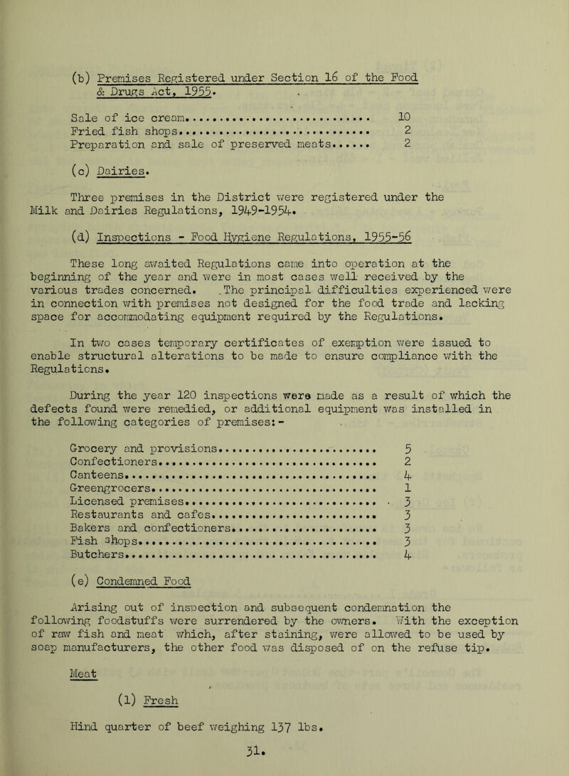(b) Premises Repiistered under Section 16 of the Food & Dru^s -Act, 1955» Sale of ice cream 10 Pried fish shops ' 2 Preparation and sale of preserved meats. 2 (c) Dairies. Three premises in the District were registered under the Milk and Dairies Regulations, 1949-1954* (^) Inspections - Food Hygiene Regulations, 1955~56 These long awaited Regulations came into operation at the beginning of the year and were in most cases well received .by the various trades concerned. .The principal difficulties experienced v\/ere in connection with premises not designed for the food trade and lacking space for accommodating equipment required by the Regulations. In two cases temporary certificates of exemption were issued to enable structural alterations to be made to ensure compliance with the Regulations. During the year 120 inspections Were made as a result of which the defects found were remedied, or additional equipment was installed in the following categories of premises:- Grocery and provisions 5 Confectioners..... 2 Canteens 4 Greengrocers..... 1 Licensed premises. . 3 Restaurants and cafes.. 3 Bakers and confectioners. 3 Fish shops. 3 Butchers 4 (e) Condemned Food -t^rising out of inspection and subsequent condemnation the following foodstuffs were surrendered by the owners. With the exception of raw fish and meat v/hich, after staining, v\rere allowed to be used by soap manufacturers, the other food was disposed of on the refuse tip. - Meat (l) Fresh Hind quarter of beef weighing 137 Ihs.