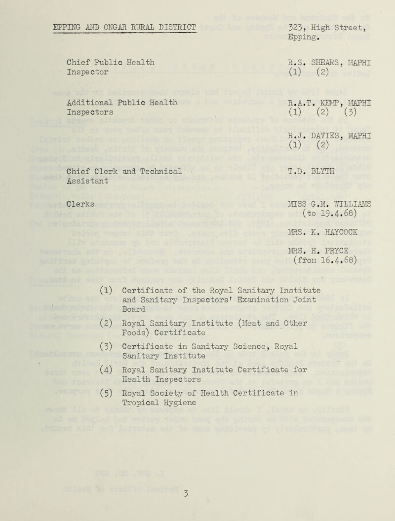 EPPING AND ONGAR RURAL DISTRICT 523, High Street, Epping. Chief Public Health Inspector Additional Public Health Inspectors Chief Clerk and Technical Assistant Clerks R.S. SHEARS, MAPHI (1) (2) R.A.T. KEMP, MAPHI (1) (2) (3) R.J. DAVIES, MAPHI (1) (2) T.D. BLYTH MISS G.M, WILLIAMS (to 19.4.68) MRS. K. HAYCOCK MRS. H. PRYCE (from I6.4.68) (1) Certificate of the Royal Sanitary Institute and Sanitary Inspectors’ Examination Joint Board (2) Royal Sanitary Institute (Heat and Other Poods) Certificate (3) Certificate In Sanitary Science, Royal Sanitary Institute (4) Royal Sanitary Institute Certificate for Health Inspectors (5) Royal Society of Health Certificate in Tropical Hygiene