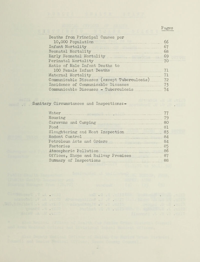 Deaths from Principal Causes per 10,000 Population 66 Infant Mortality 67 Neonatal Mortality 68 Early Neonatal Mortality •, 69 Perinatal Mortality 70 Ratio of Male Infant Deaths to 100 Female Infant Deaths 71 Maternal Mortality 7I Commimicable Diseases (except Tuberculosis) 72 Incidence of Communicable Diseases 75 Communicable Diseases - Tuberculosis 74 Sanitary Circimstances and Inspections;- Water _ 77 Housing 79 Caravans and Camping 80 Food 81 Slaughtering and Moat Inspection 83 Rodent Control 84 Petroleirn Acts and Orders 84 Factories 85 Atmospheric Pollution 86 Offices, Shops and Railway Premises 87 Summary of Inspections 88