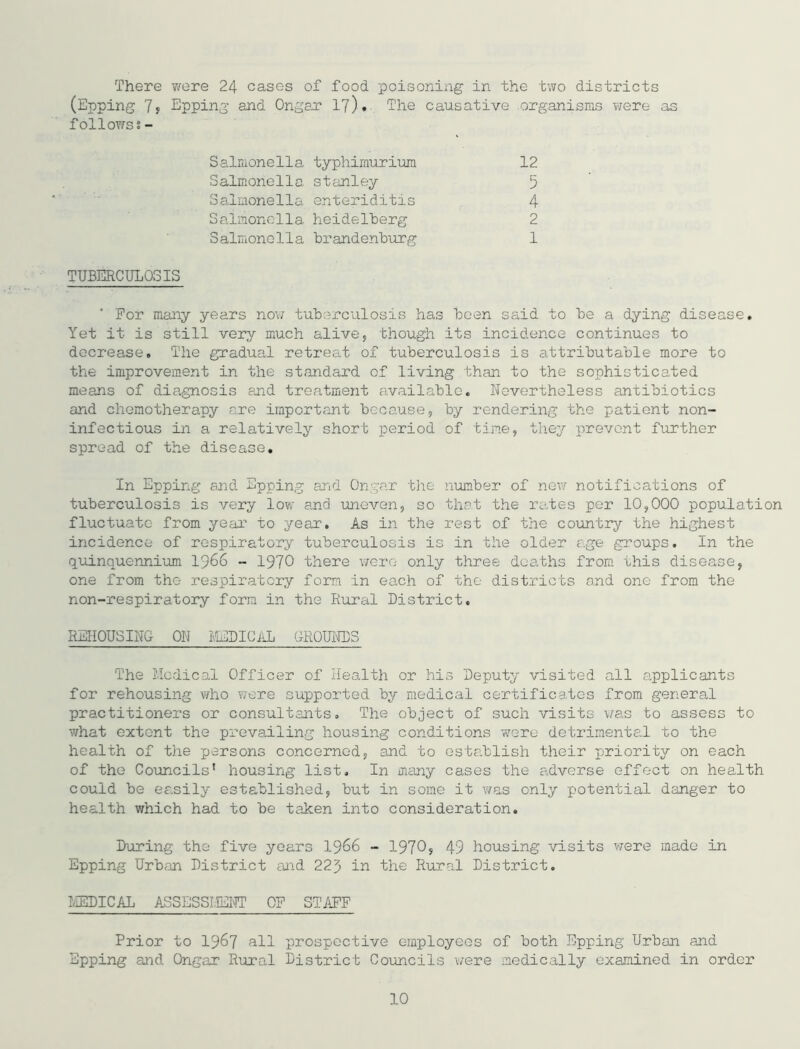 There were 24 cases of food poisoning in the two districts (Epping 7j Epping and Ongaa? 17).. The causative organisms were as followss- Salmonella typhimurium Salmonella Stanley 12 5 4 2 1 Salmonella enteriditis Salmonella heidelherg Salmonella brandenbirrg .d QT. TUBERCULOSIS ‘ For many years now tuberculosis has been said to be a dying disease. Yet it is still very much alive, though its incidence continues to decrease. The gradual retreat of tuberculosis is attributable more to the improvement in the standard of living than to the sophisticated means of diagnosis and treatment PAvailable. Nevertheless antibiotics and chemotherapy are important because, by rendering the patient non- inf ectious in a relatively short period of tine, they prevent further spread of the disease. In Epping and Epping and Ongar the number of new notifications of tuberculosis is very low and uneven, so that the rates per 10,000 population fluctuate from year to year. As in the rest of the country the highest incidence of respiratory tuberculosis is in the older age groups. In the q\nLnquennium I966 - 1970 there v/ero only three deaths from this disease, one from the respiratory form in each of the districts and one from the non-respiratory form in the Rural District. REHOUSING ON FiEDICiLL OROIINDS The Medical Officer of Health or his Deputy visited all applicants for rehousing v/ho were supported by medical certificates from general practitioners or consultants. The object of such visits \/as to assess to what extent the prevailing housing conditions vvere detrimental to the health of the persons concerned, and to establish their priority on each of tho Councils’ housing list. In many cases the adverse effect on health could be easily established, but in some it v/as only potential danger to health which had to be taken into consideration. During the five years I966 - 1970? 49 housing visits were made in Epping Urban District and 229 in the Rural District. MEDICAL ASSESSI.IEI^ OF STAFF Prior to 19^7 all prospective employees of both Epping Urban and Epping and Ongar Rural District Councils were medically examined in order