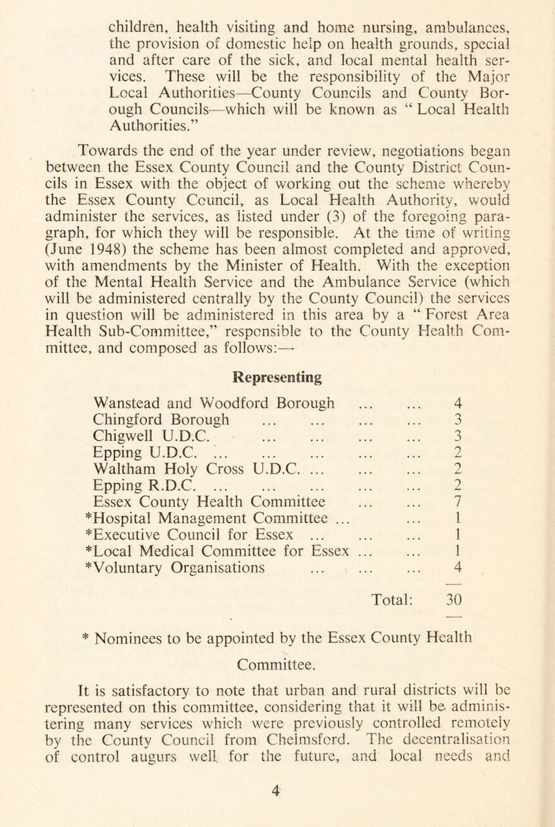 children, health visiting and home nursing, ambulances, the provision of domestic help on health grounds, special and after care of the sick, and local mental health ser- vices. These will be the responsibility of the Major Local Authorities—County Councils and County Bor- ough Councils^—which will be known as “ Local Health Authorities.” Towards the end of the year under review, negotiations began between the Essex County Council and the County District Coun- cils in Essex with the object of working out the scheme whereby the Essex County Council, as Local Health Authority, would administer the services, as listed under (3) of the foregoing para- graph, for which they will be responsible. At the time of writing (June 1948) the scheme has been almost completed and approved, with amendments by the Minister of Health. With the exception of the Mental Health Service and the Ambulance Service (which will be administered centrally by the County Council) the services in question will be administered in this area by a “ Forest Area Health Sub-Committee,” responsible to the County Health Com- mittee, and composed as follows:—■ Representing Wanstead and Woodford Borough Chingford Borough Chigwell U.D.C. Epping U.D.C Waltham Holy Cross U.D.C. ... Epping R.D.C Essex County Health Committee ^Hospital Management Committee ... *Executive Council for Essex ... * Local Medical Committee for Essex * Voluntary Organisations 4 3 3 2 2 2 7 1 1 1 4 Total: 30 * Nominees to be appointed by the Essex County Health Committee. It is satisfactory to note that urban and rural districts will be represented on this committee, considering that it will be adminis- tering many services which were previously controlled remotely by the County Council from Chelmsford. The decentralisation of control augurs well for the future, and local needs and